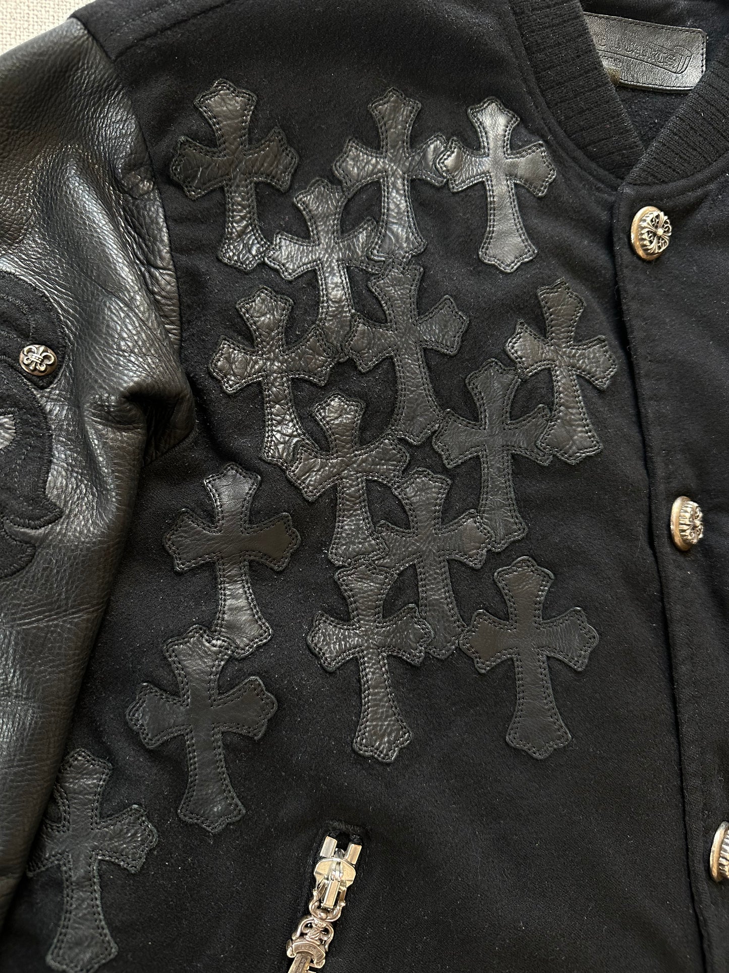 Chrome Hearts Black Leather Cross Patch Bomber Jacket