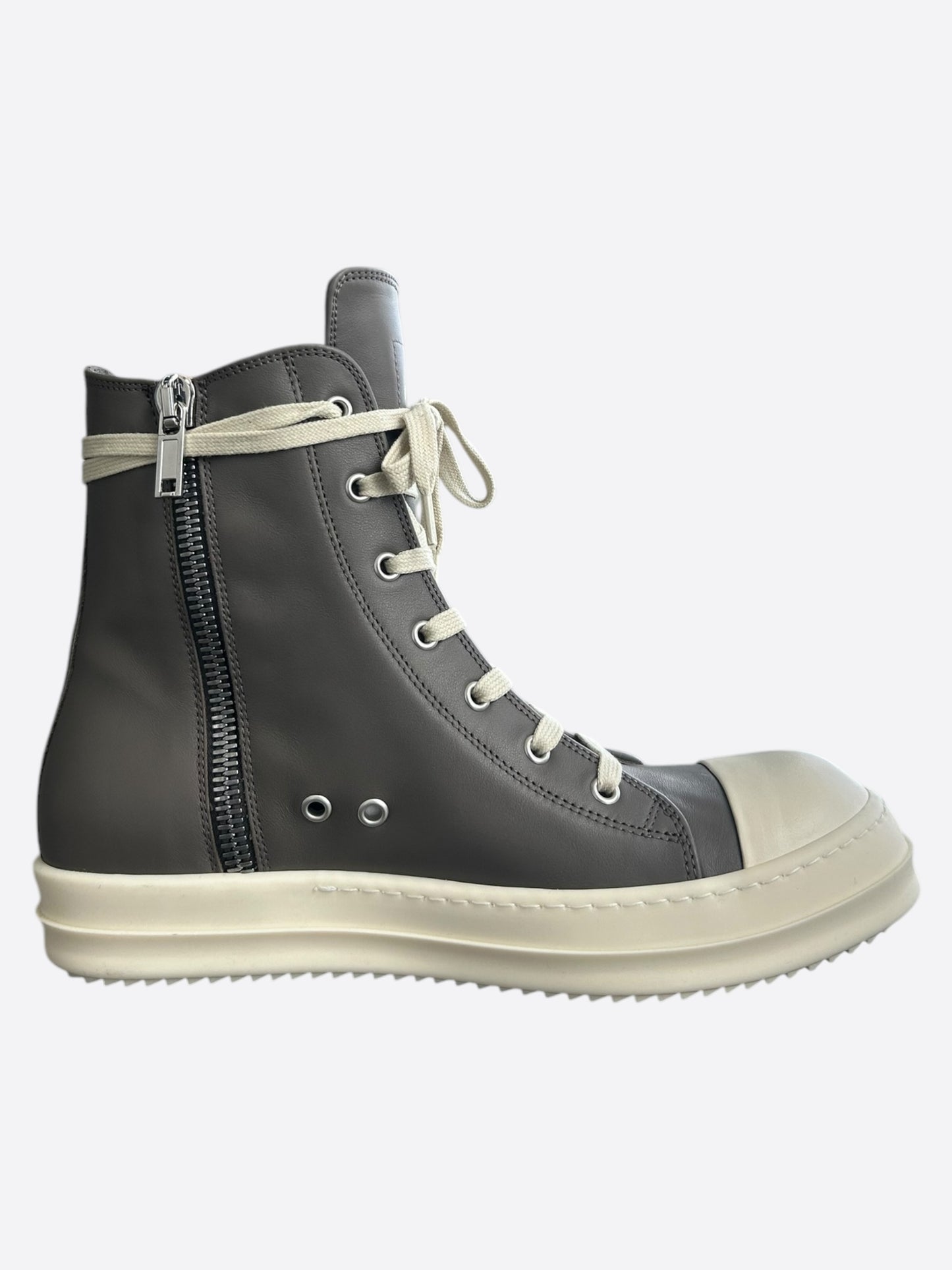 Rick Owens Grey & White Leather High Top Sneakers