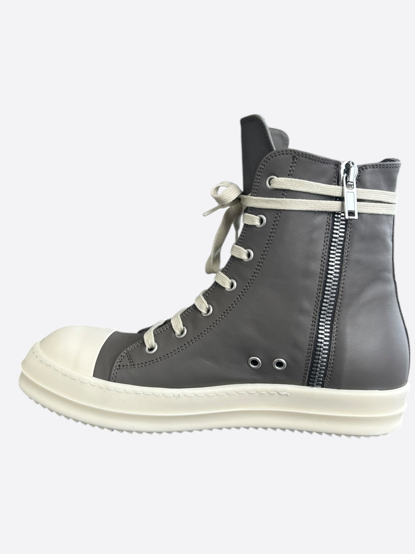 Rick Owens Grey & White Leather High Top Sneakers