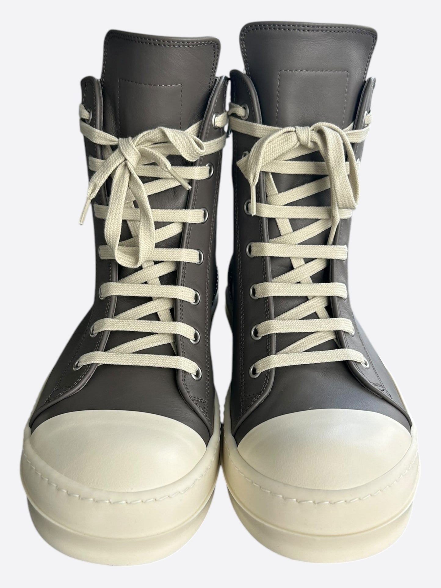 Rick Owens Grey & White Leather High Top Sneakers