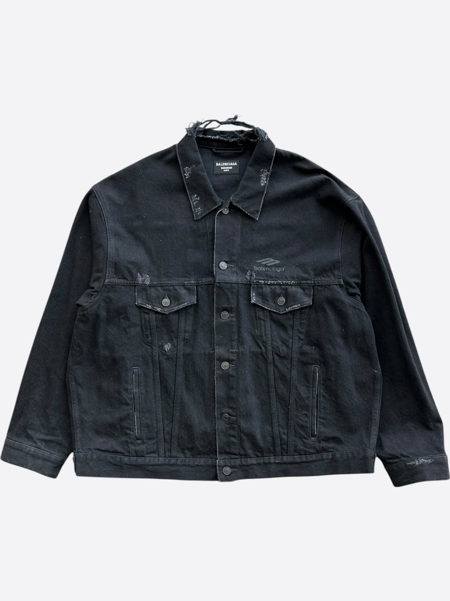 Balenciaga Black BB Logo Distressed Denim Jacket