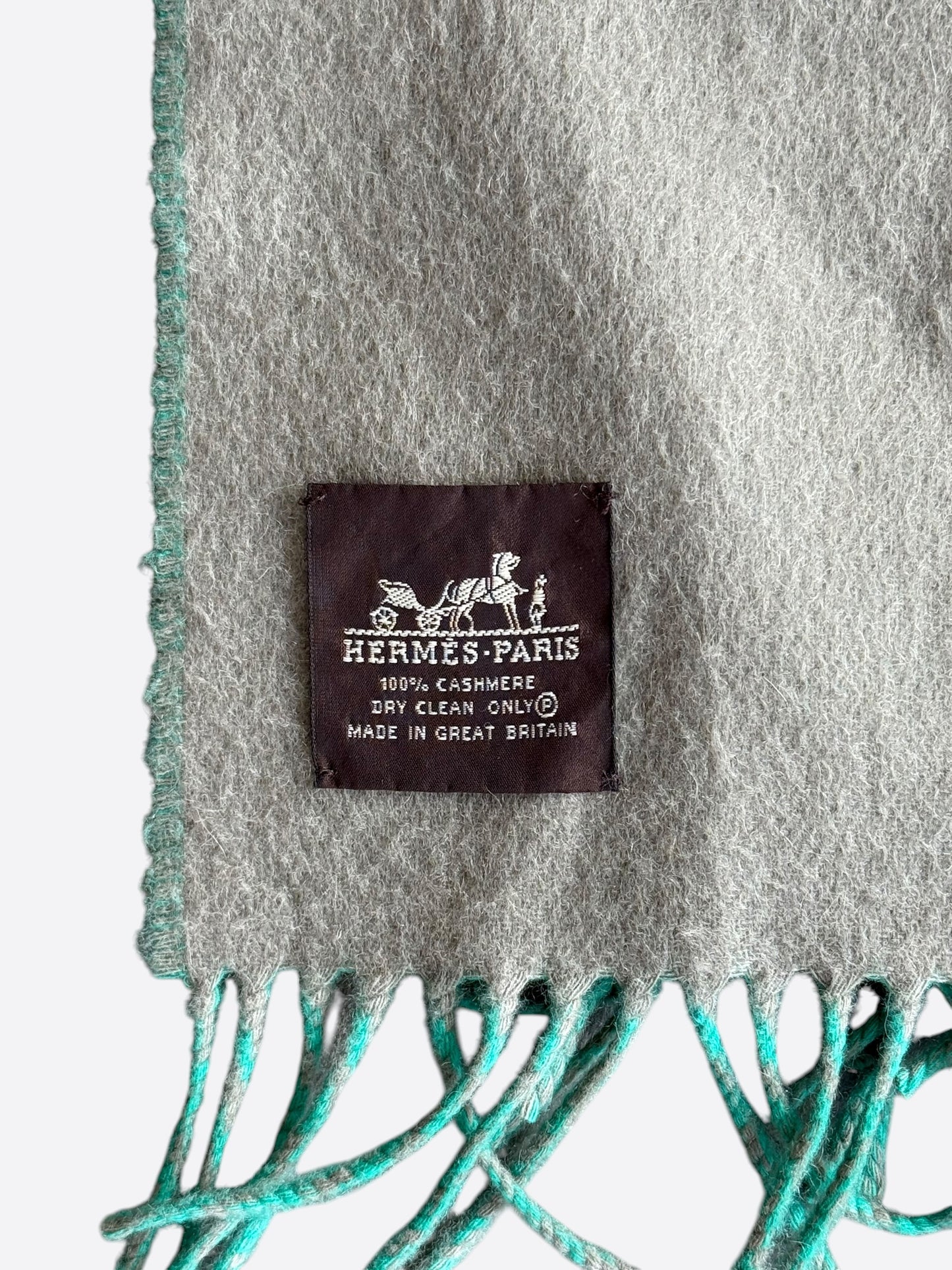 Hermes Grey & Turquoise Embroidered Logo Cashmere Scarf