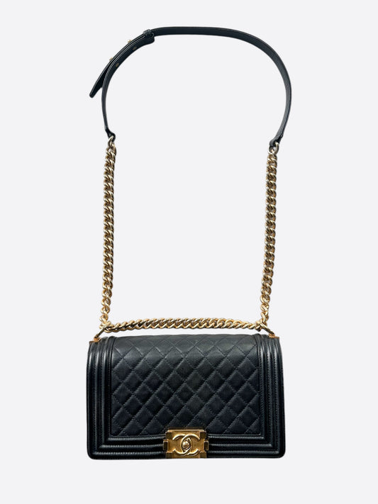 Chanel Black & Gold Calfskin Quilted Medium Boy Bag