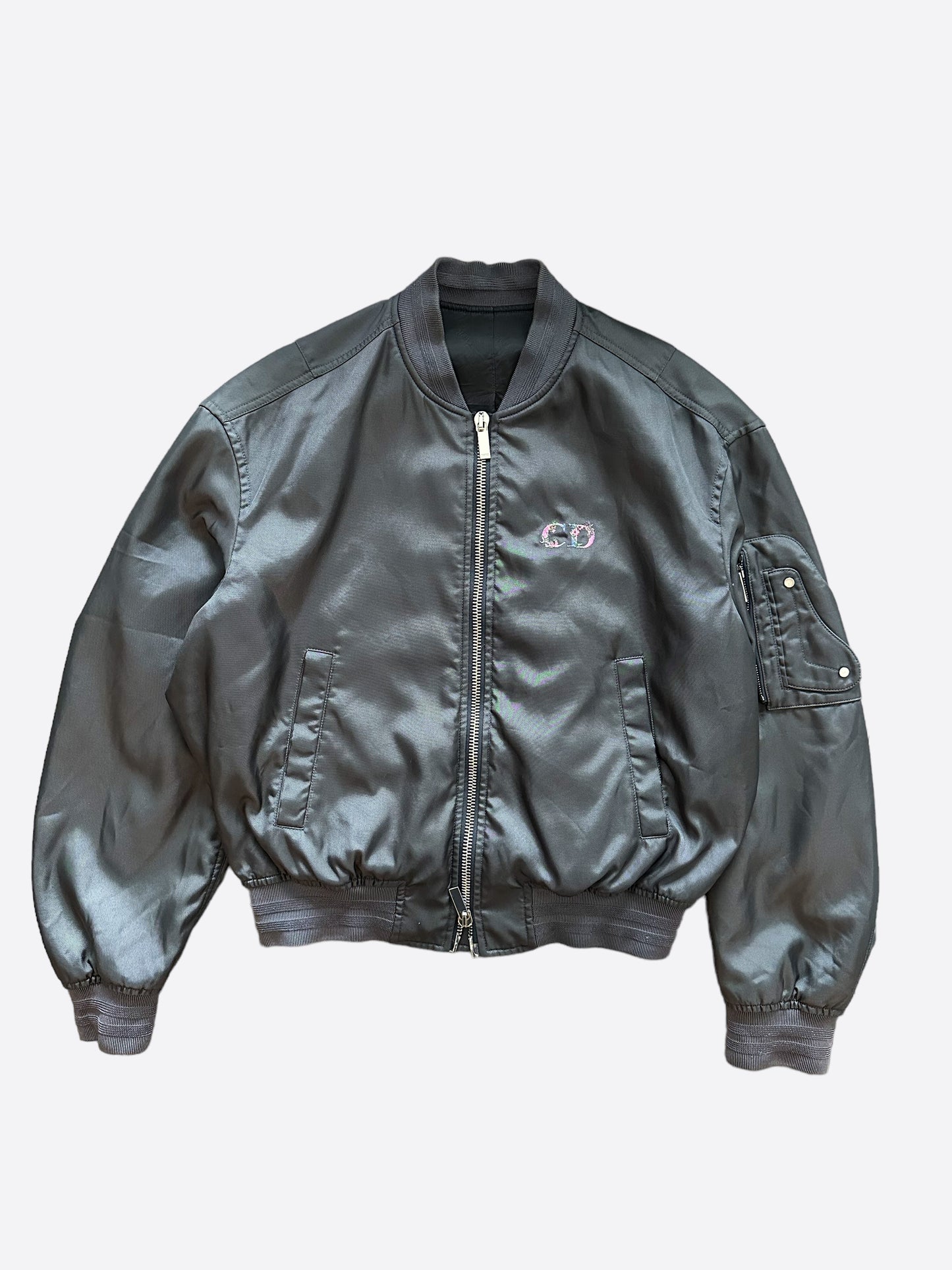 Dior Grey Floral Print Embroidered Bomber Jacket