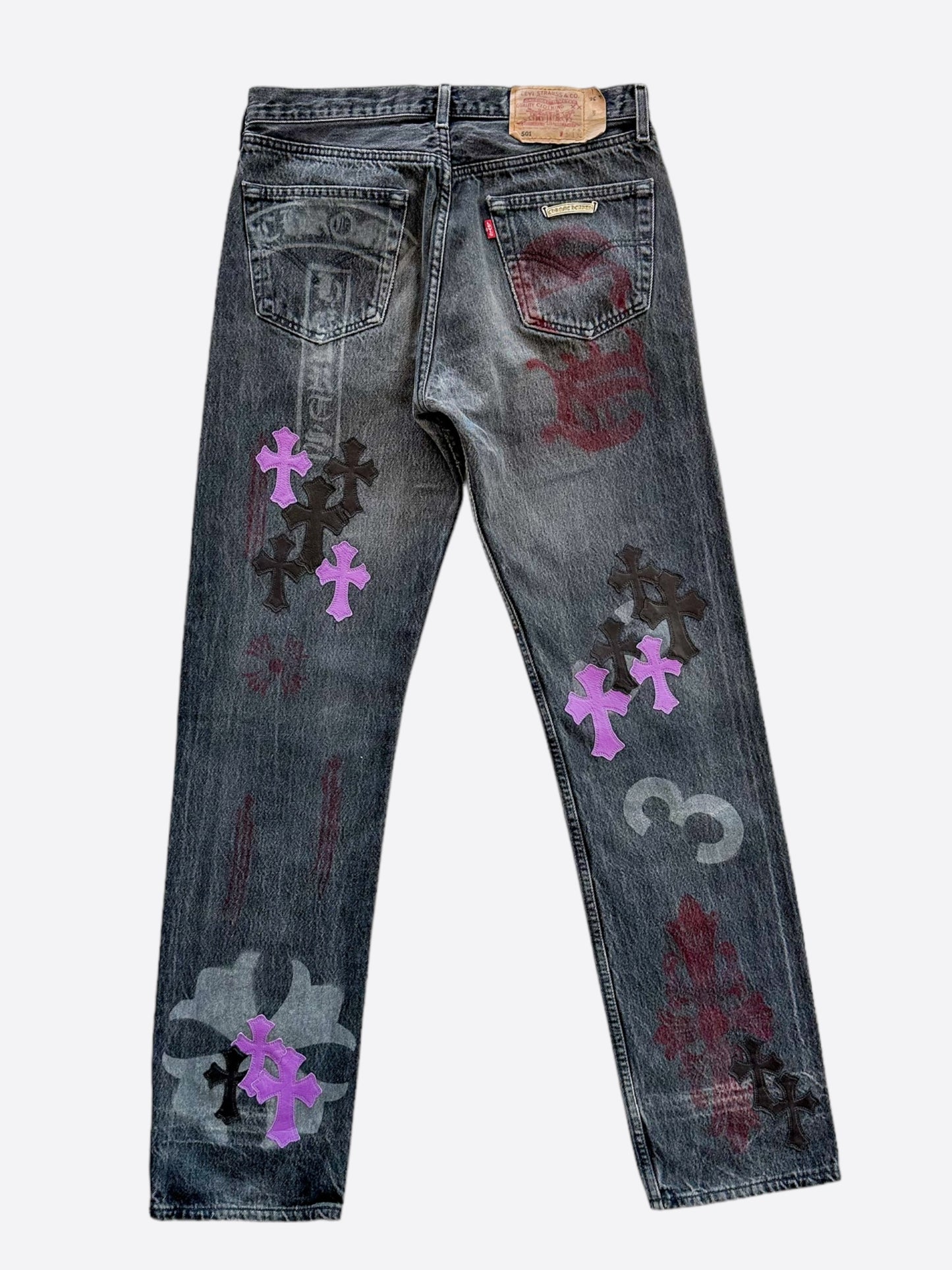 Chrome Hearts Levis Grey & Purple Cross Patch Paris Exclusive Stencil Jeans