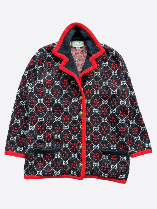Gucci Black White & Red GG Monogram Alpaca Coat