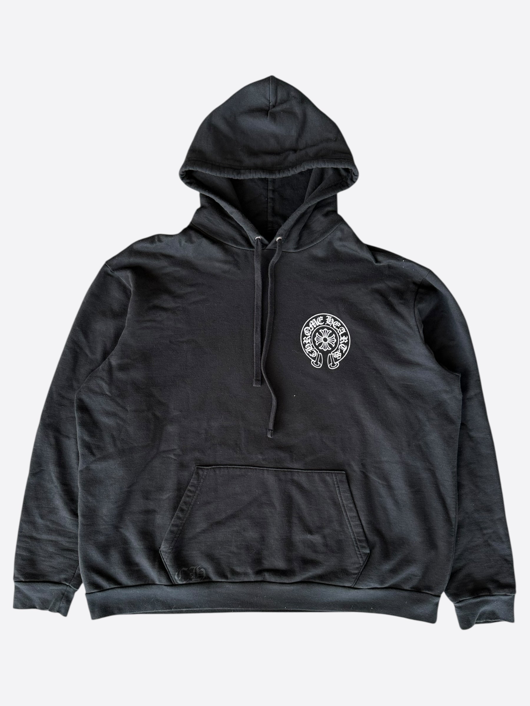 NYC限定 CHROME HEARTS HORSESHOE ZIP UP HOODIE BLACK Chrome Hearts Black Leather Horseshoe Logo Zip Up Hoodie