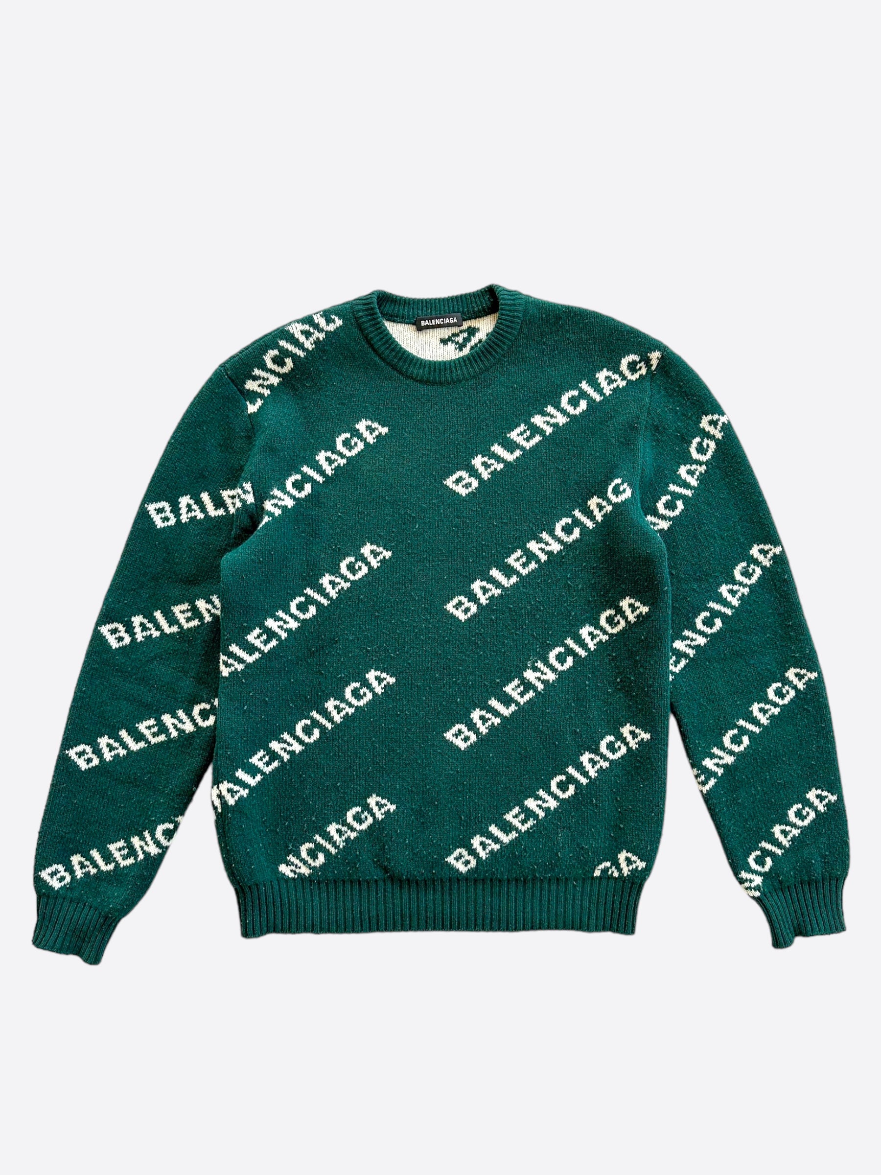 Balenciaga Green White All Over Logo Knit Sweater