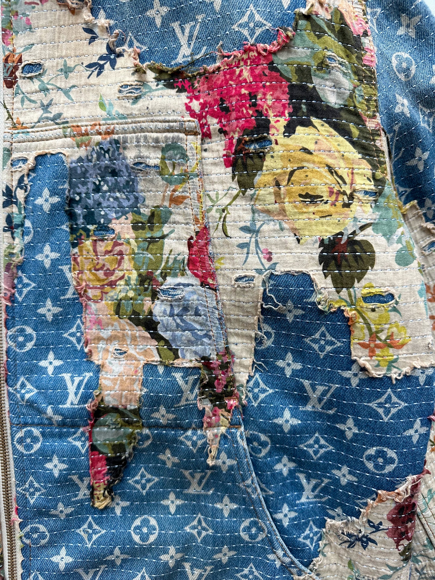 Louis Vuitton Blue Monogram Distressed Floral Workwear Jacket
