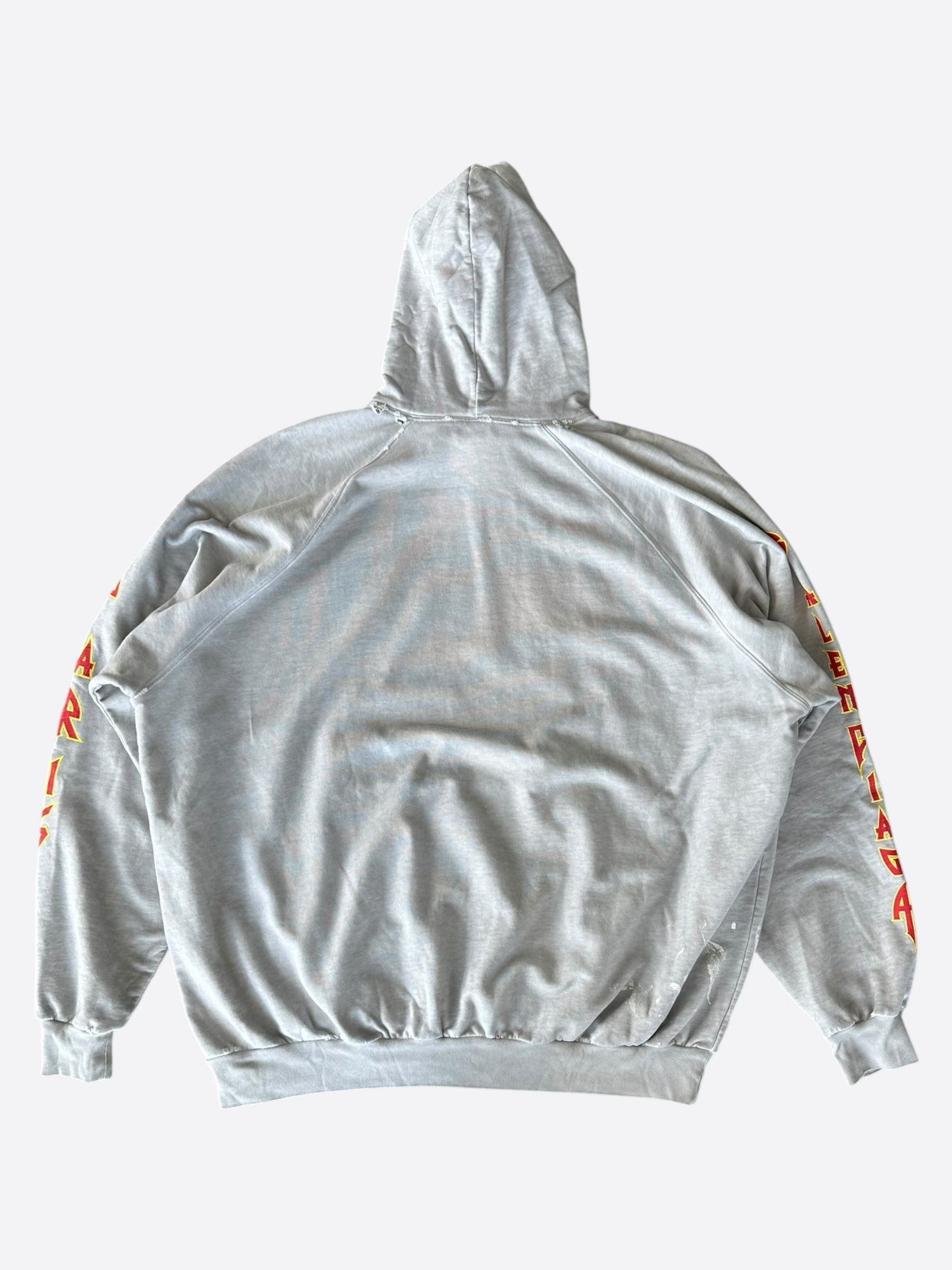Balenciaga Grey & Red Metal Logo Distressed Hoodie
