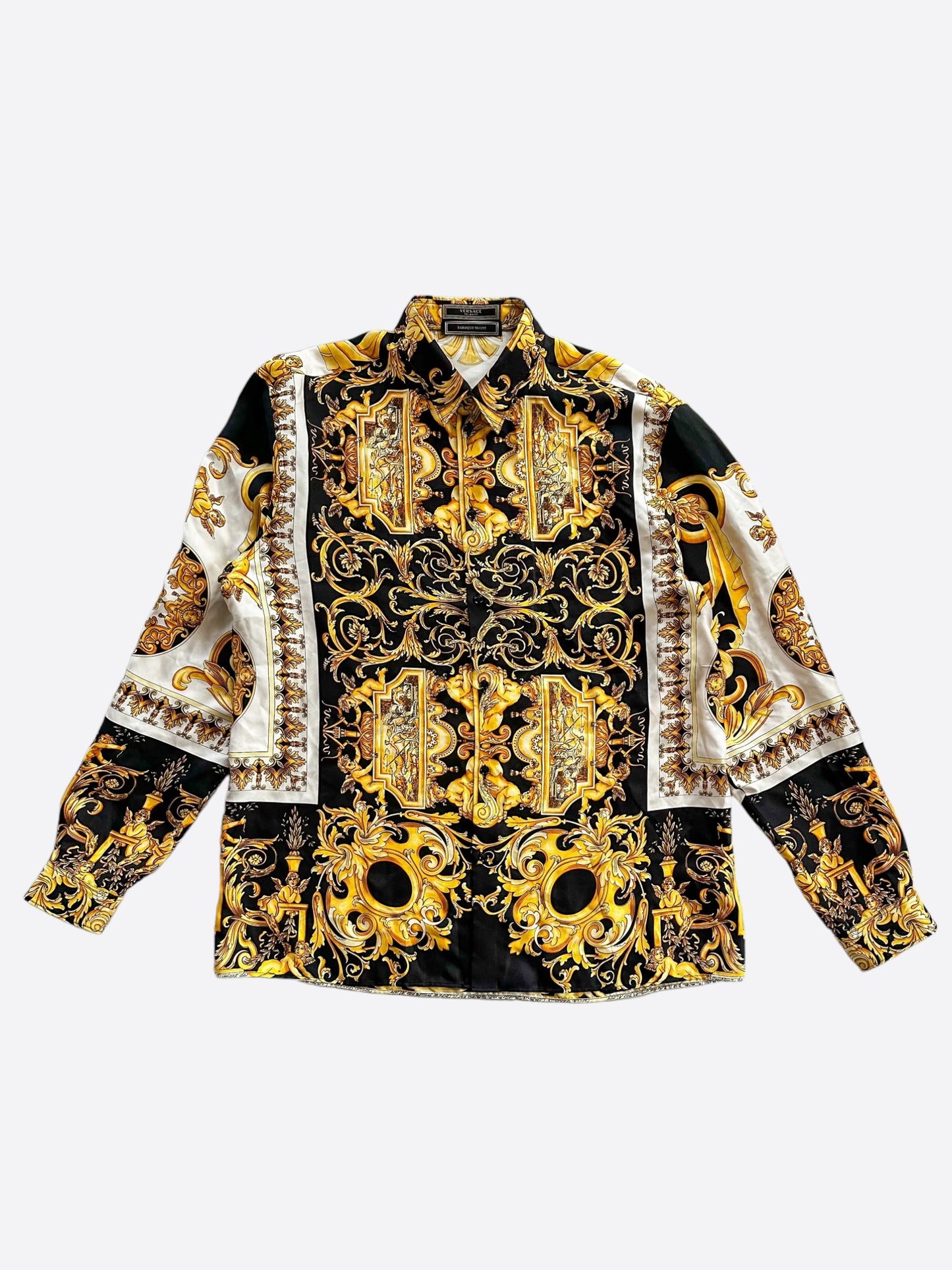 Versace Black & Gold Baroque Silk Button Up Shirt
