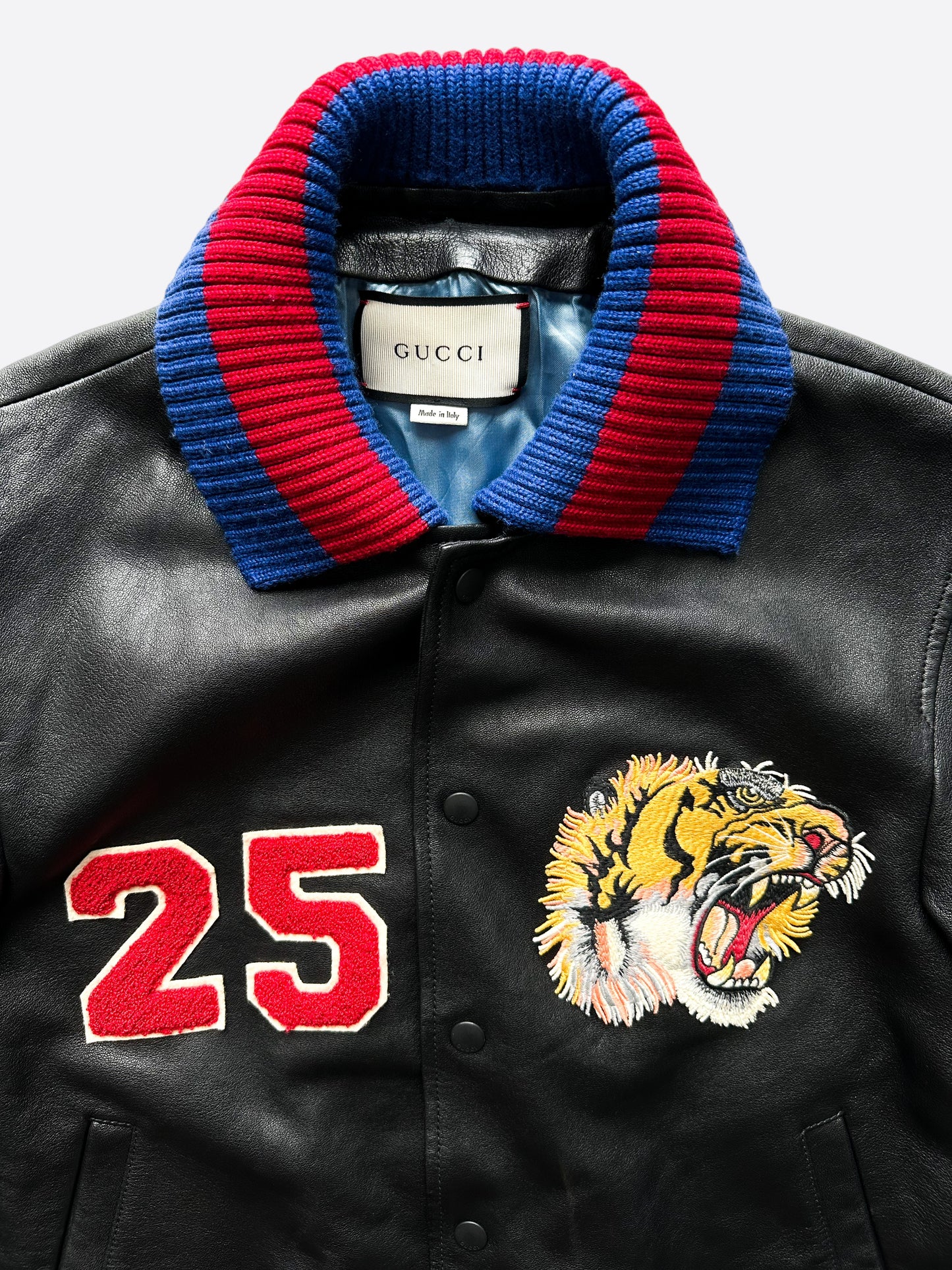 Gucci Black Tiger Head Embroidered Leather Bomber Jacket