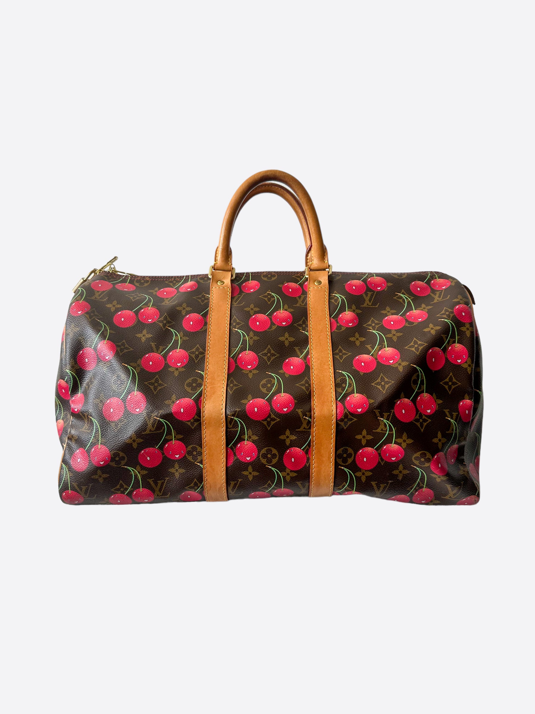 Pre-owned Louis Vuitton Murakami Cherry Keepall Duffle Bag 45 In Brown