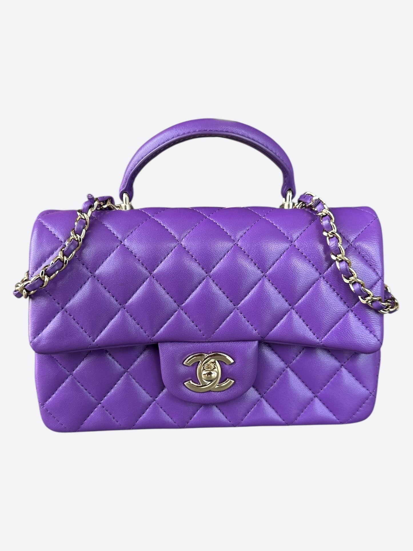 Chanel Purple Lambskin Quilted Mini Top Handle Flap Bag