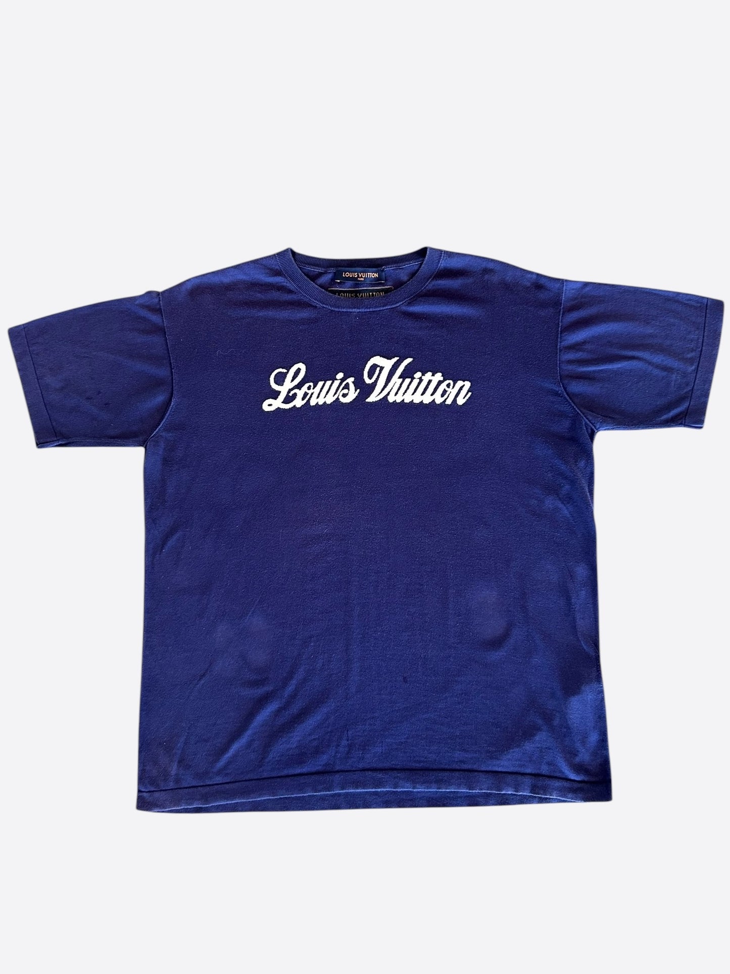 Louis Vuitton Blue & White Script Logo Intarsia T-Shirt