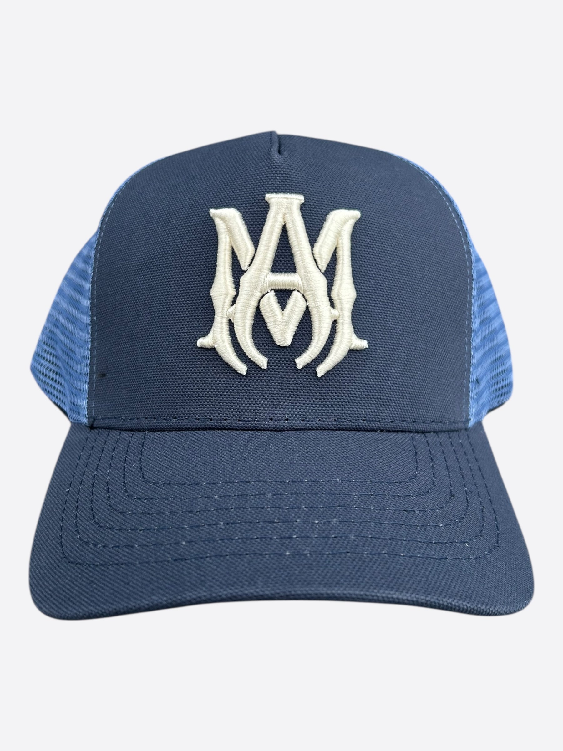 Amiri Navy & White MA Logo Trucker Hat – Savonches