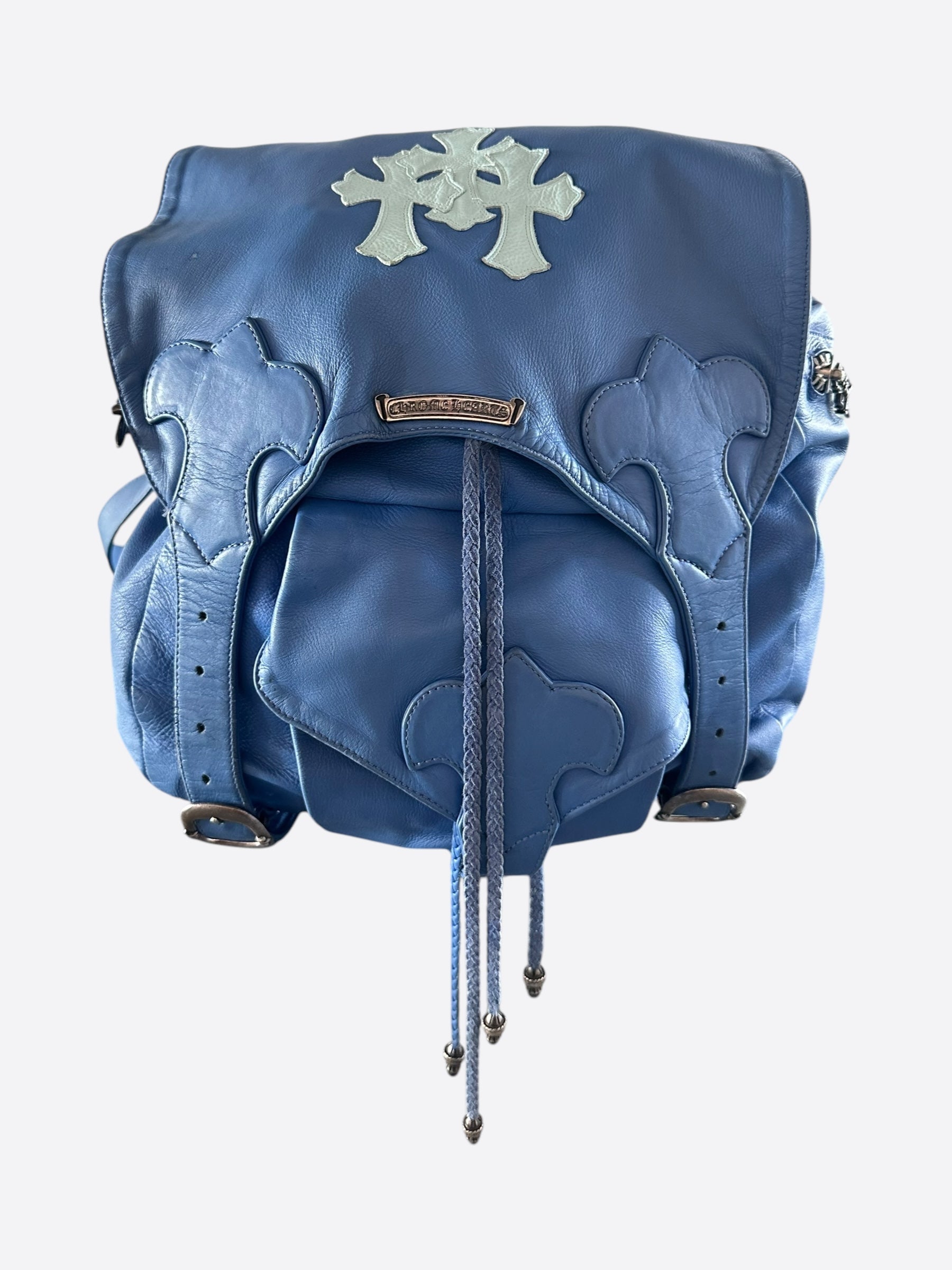 blue backpack leather straps Chrome Hearts Blue Cross Patch Leather Gunslinger Backpack – Savonches