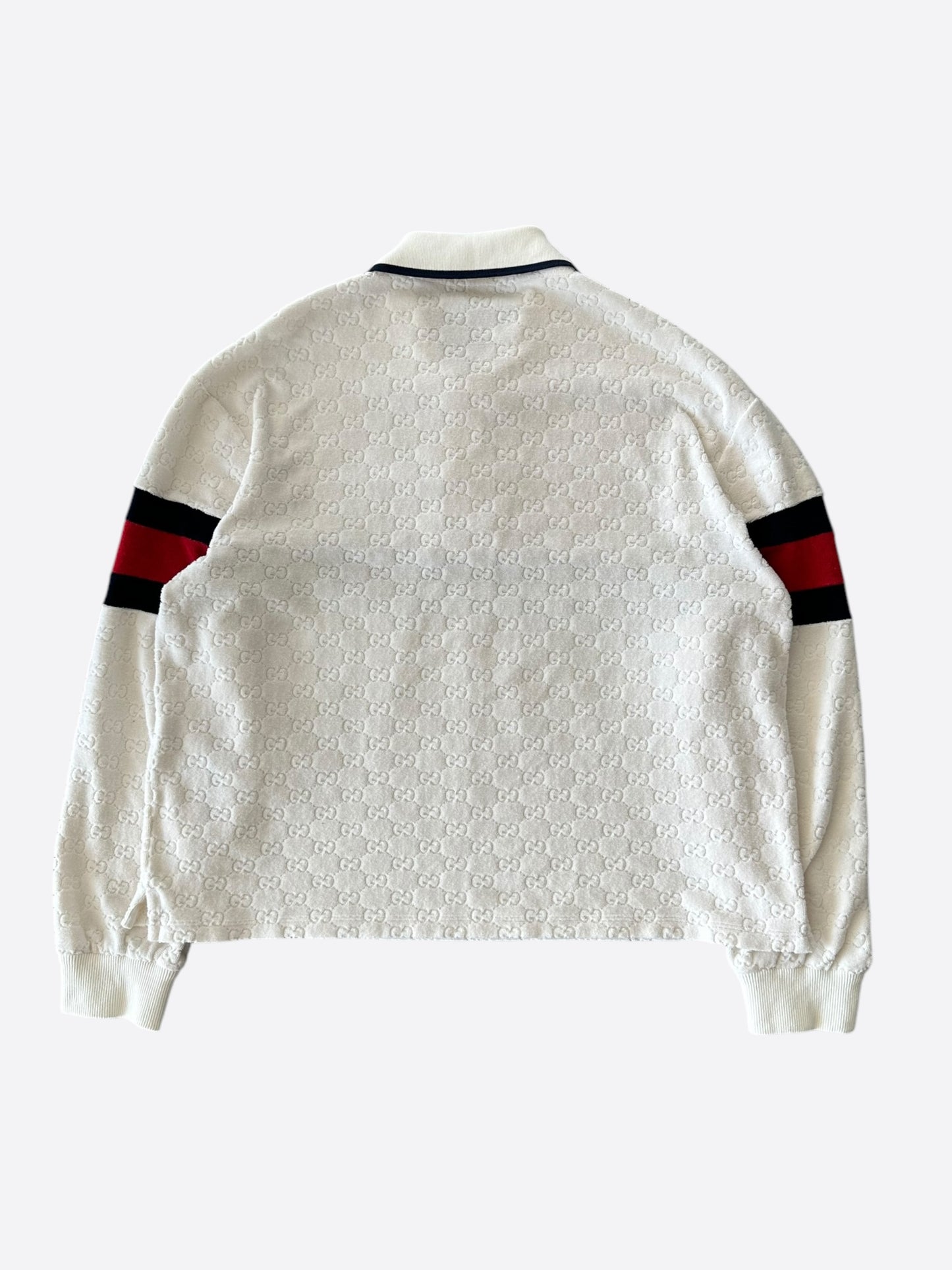 Gucci White GG Monogram Striped Terry Cloth Longsleeve Polo Shirt