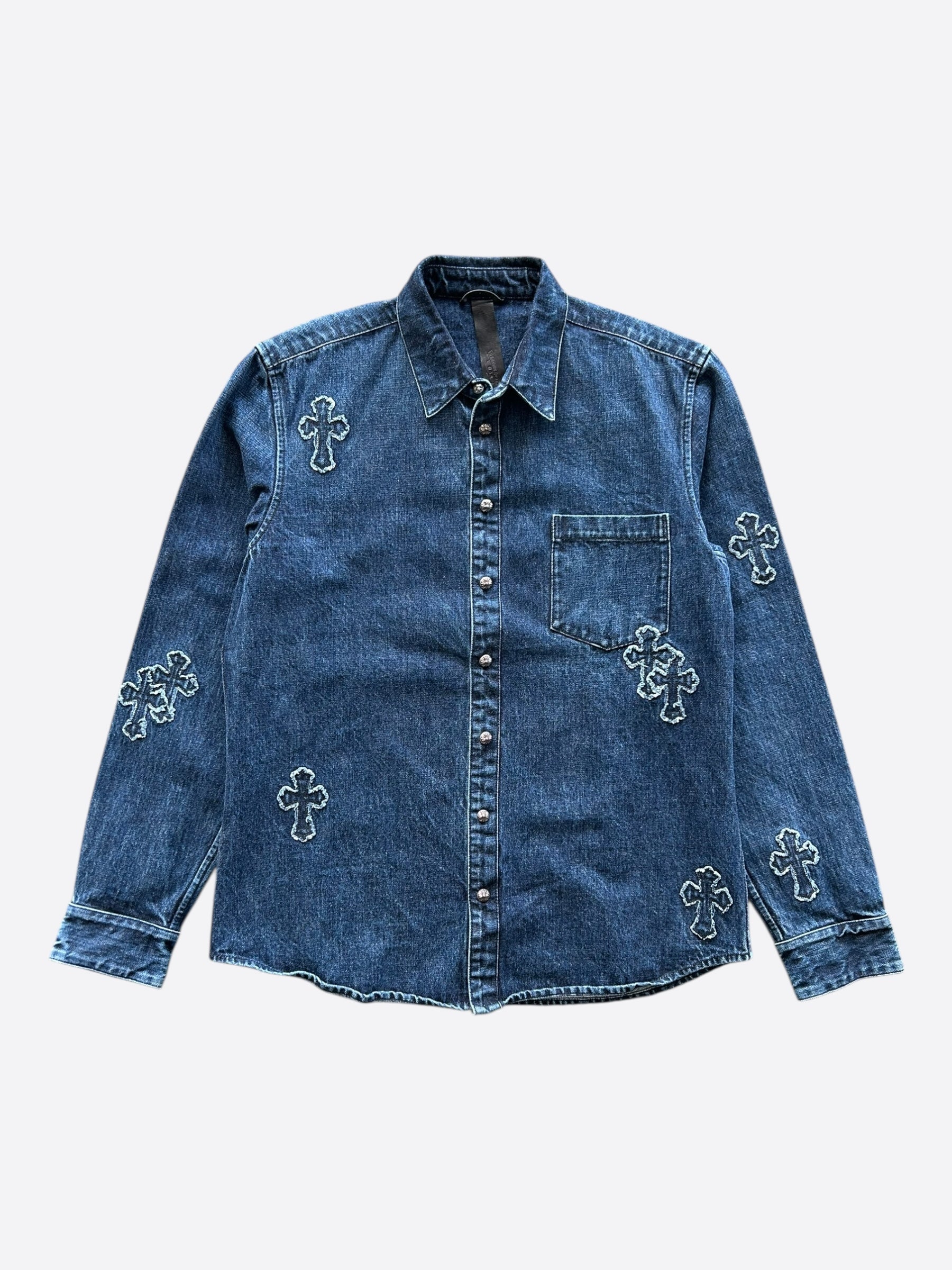 chrome hearts dress shirt Chrome Hearts Blue Embroidered Cross Patch Denim Shirt – Savonches