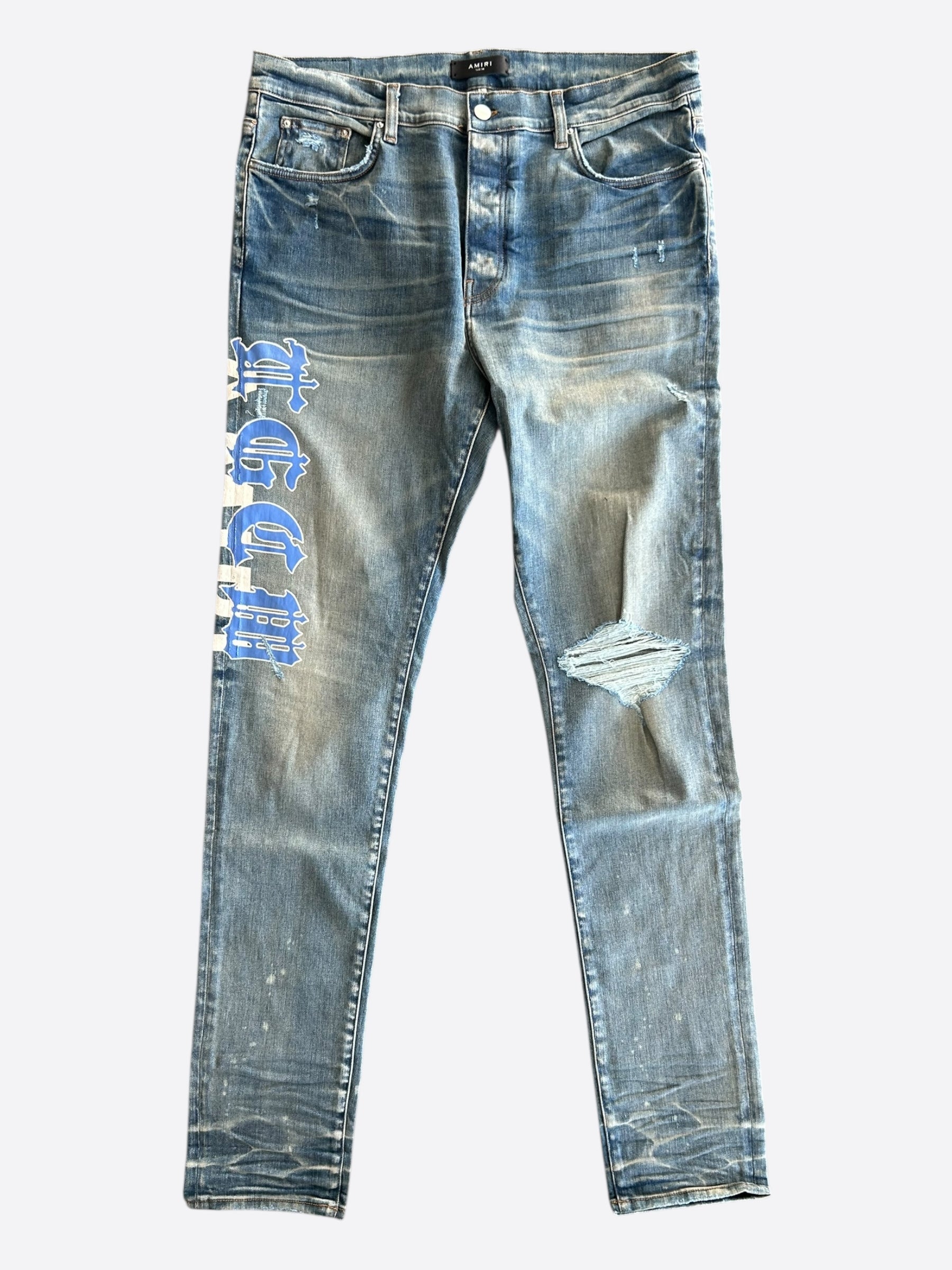 Amiri Clay Indigo & Blue T.G.C.W Distressed Logo Jeans – Savonches