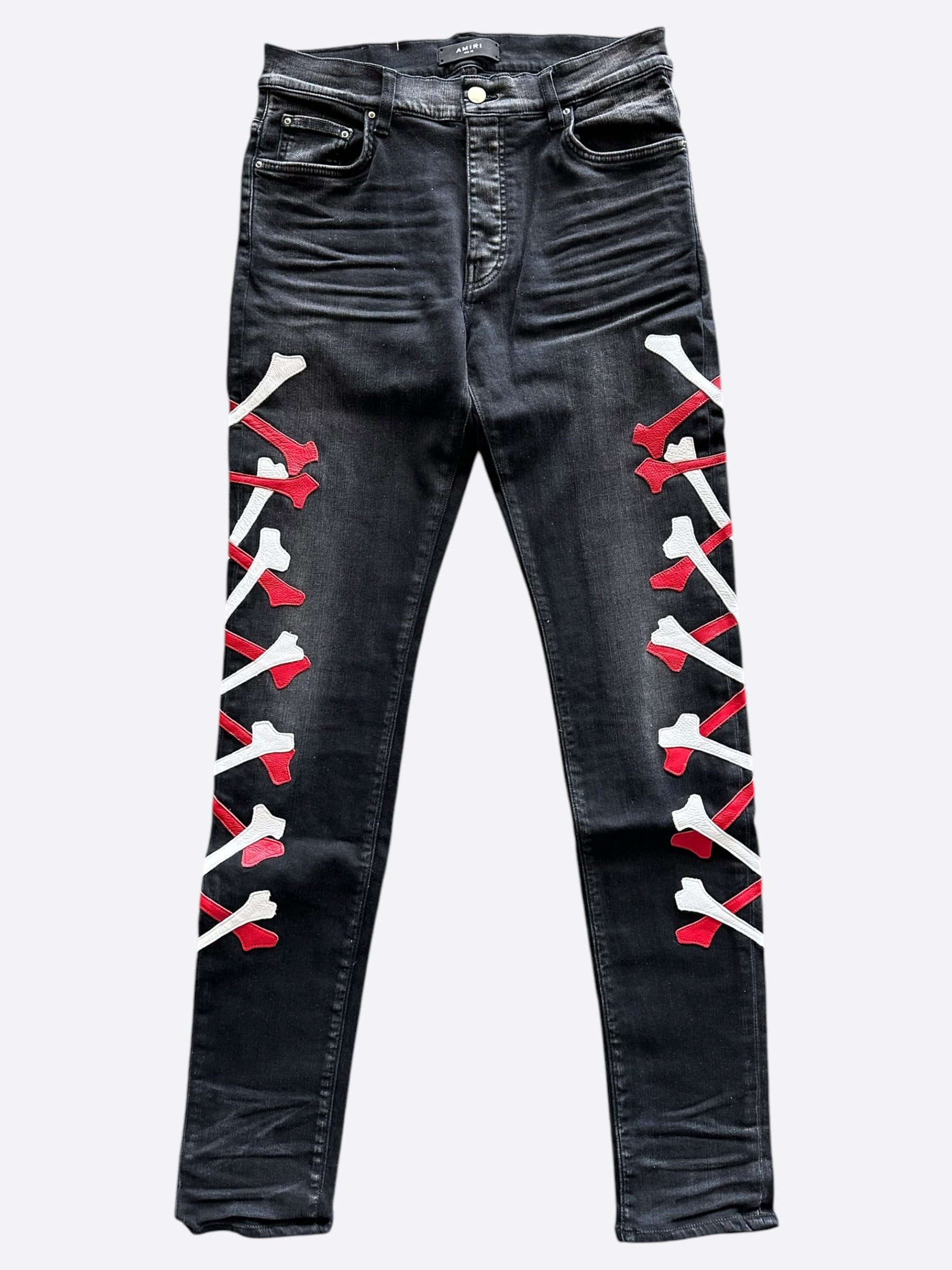 Amiri Aged Black White Red Bones Applique Distressed Jeans