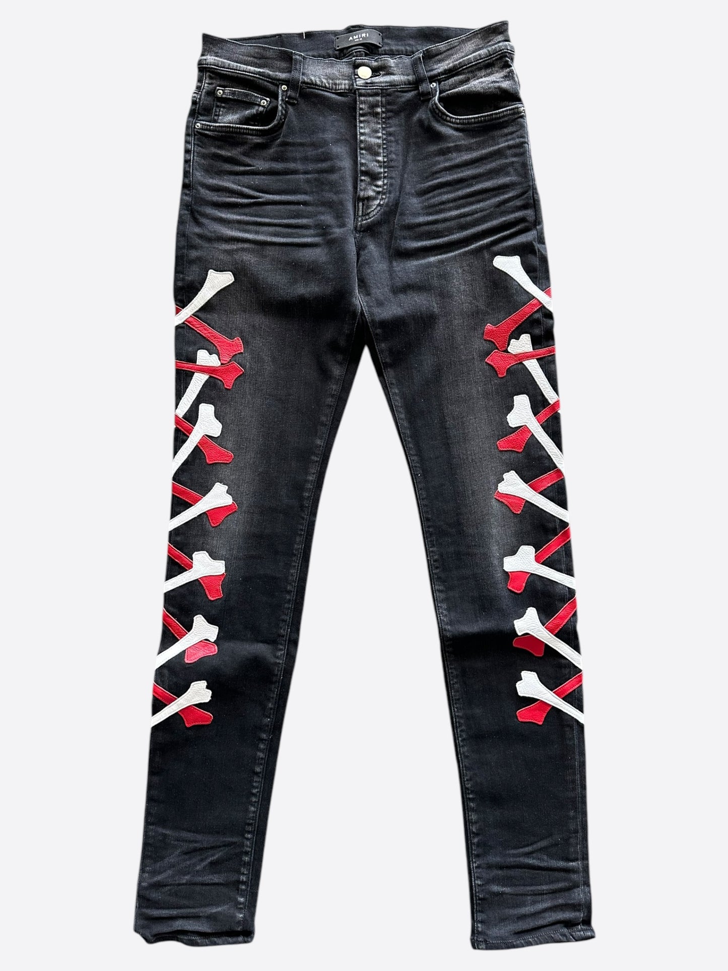 Amiri Aged Black White & Red Bones Applique Distressed Jeans