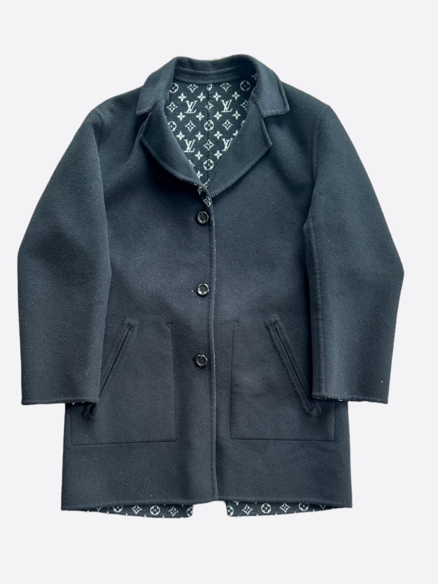 Louis Vuitton Black & Grey Monogram Reversible Wool Peacoat