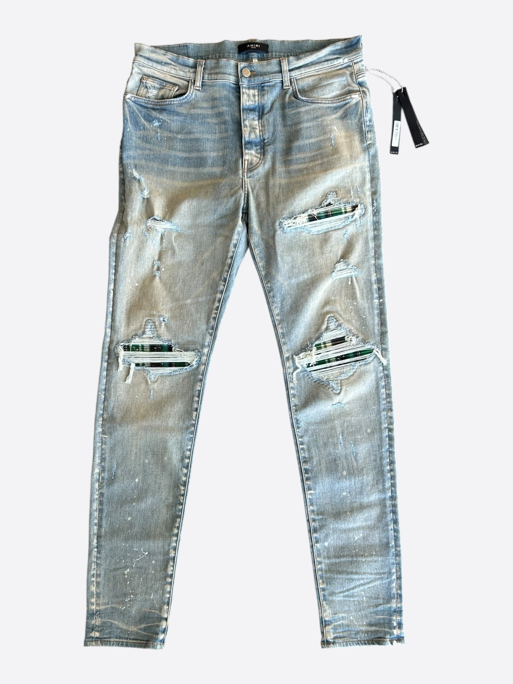 Amiri Clay Indigo Green & Black Plaid Patch MX1 Jeans – Savonches