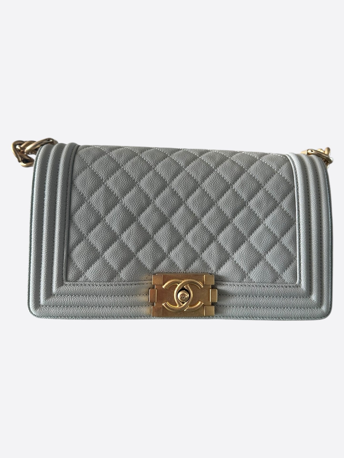 Chanel Quilted Light Grey Caviar Medium Boy Bag