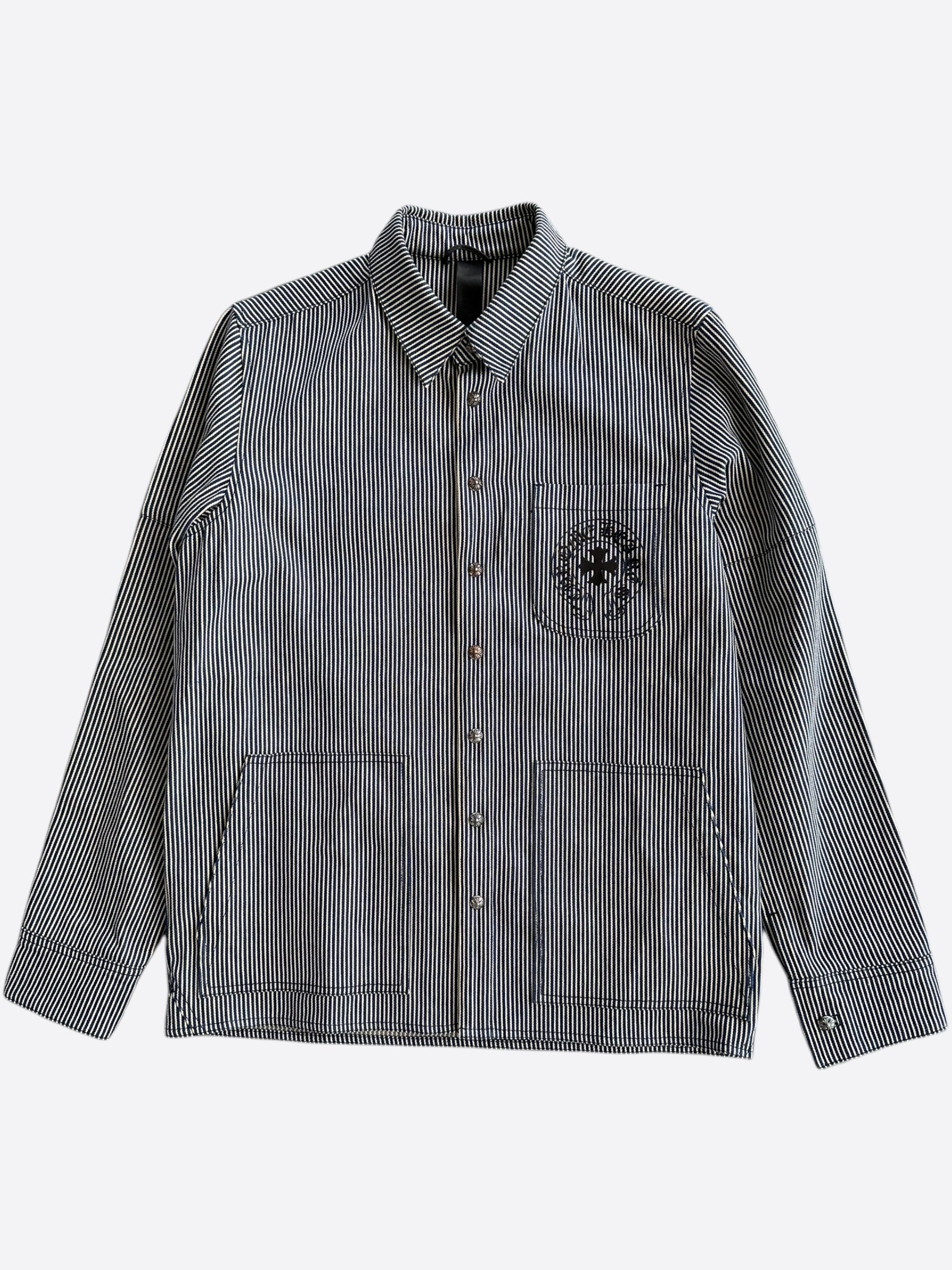 Chrome Hearts Blue & White Pinstripe Chore Button Up Shirt Chrome Hearts Blue & White Pinstripe Chore Button Up Shirt