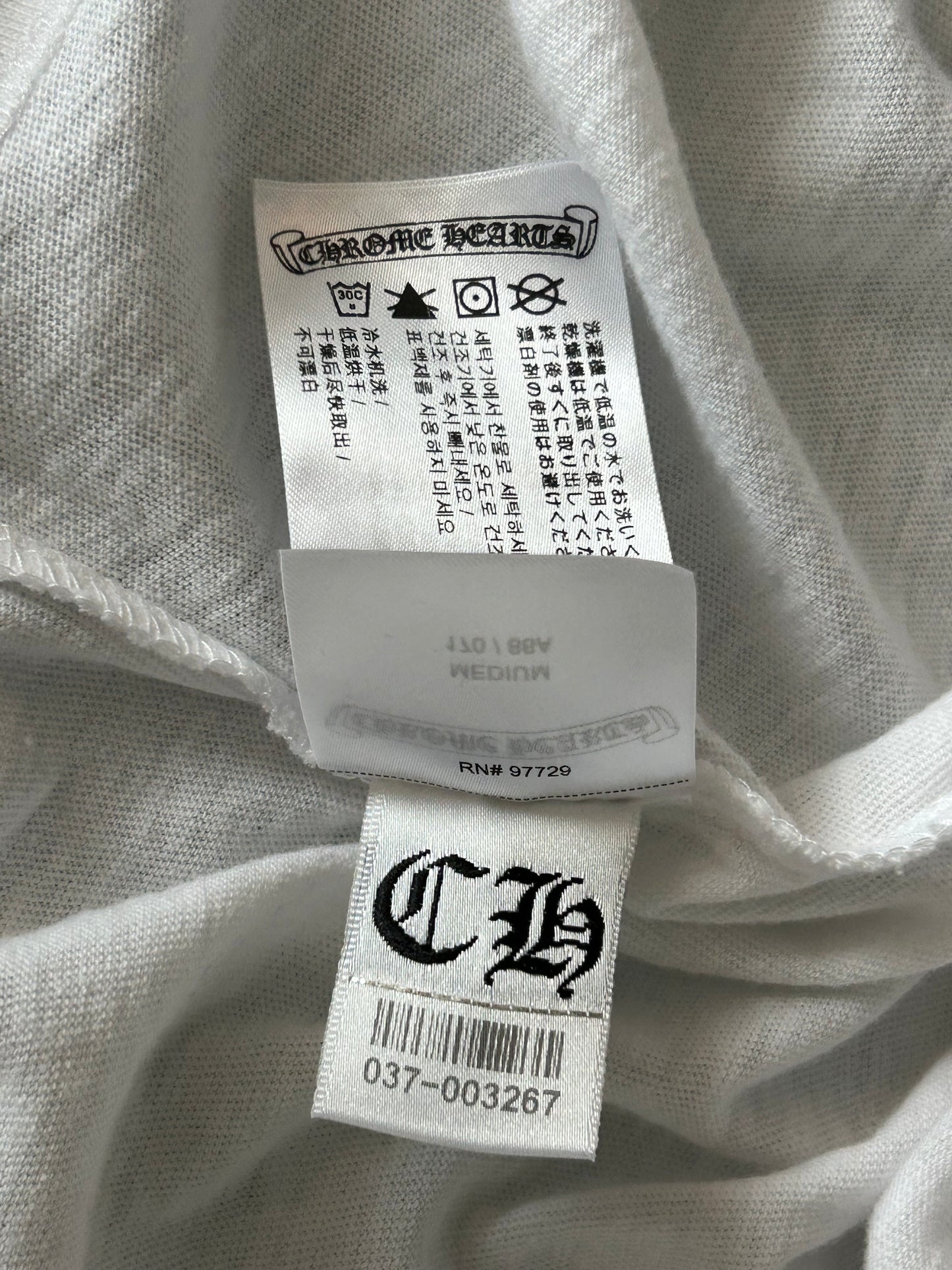 Chrome Hearts White, Blue & Red Horseshoe Scroll Logo T-Shirt