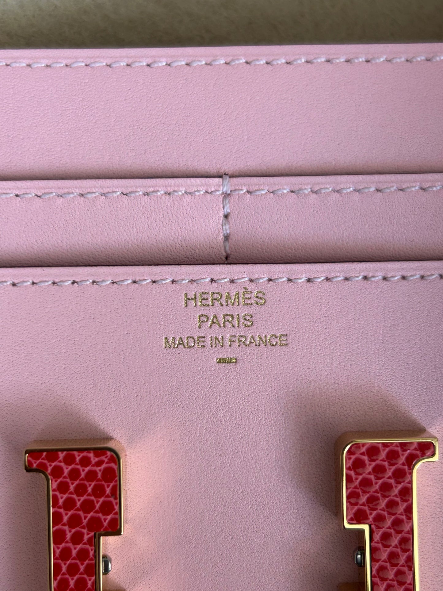 Hermes Pink Box Leather& Gold Hardware Lizard Constance Compact Wallet