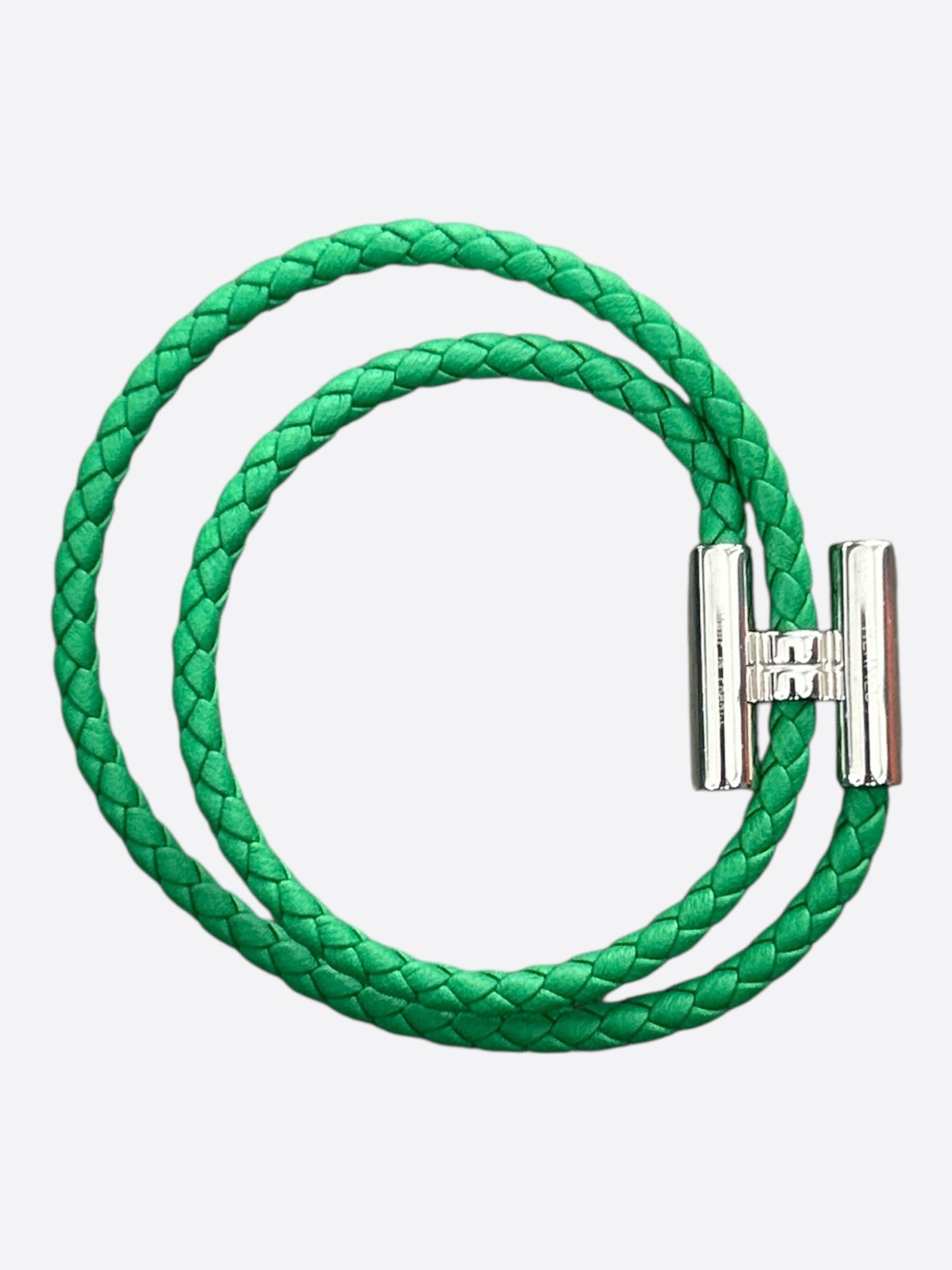 Hermes Green Swift & Palladium Hardware Tournis Tresse Bracelet