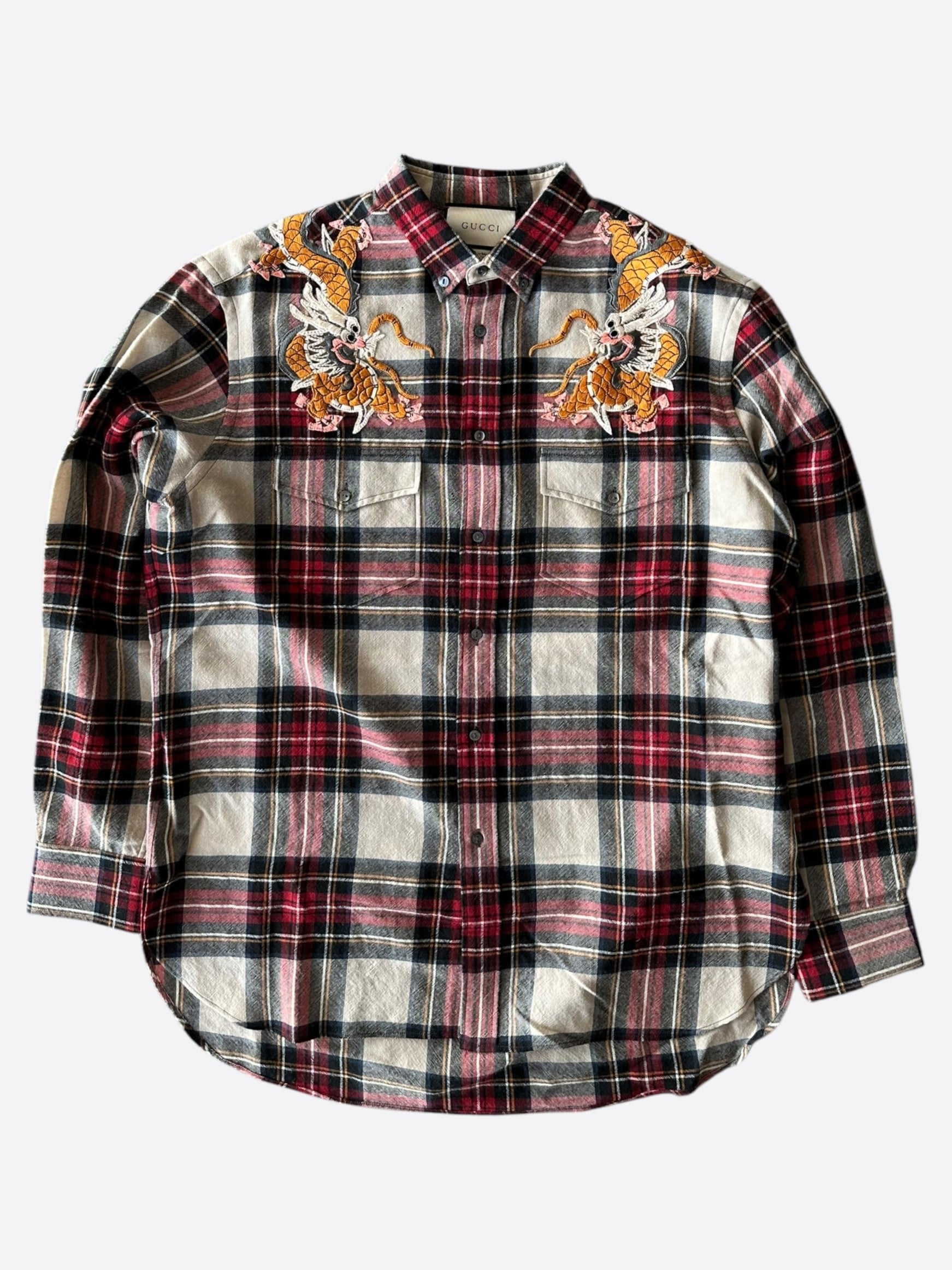 Gucci Beige & Red Plaid Dragon Embroidered Flannel Shirt Gucci Beige & Red Plaid Dragon Embroidered Flannel Shirt