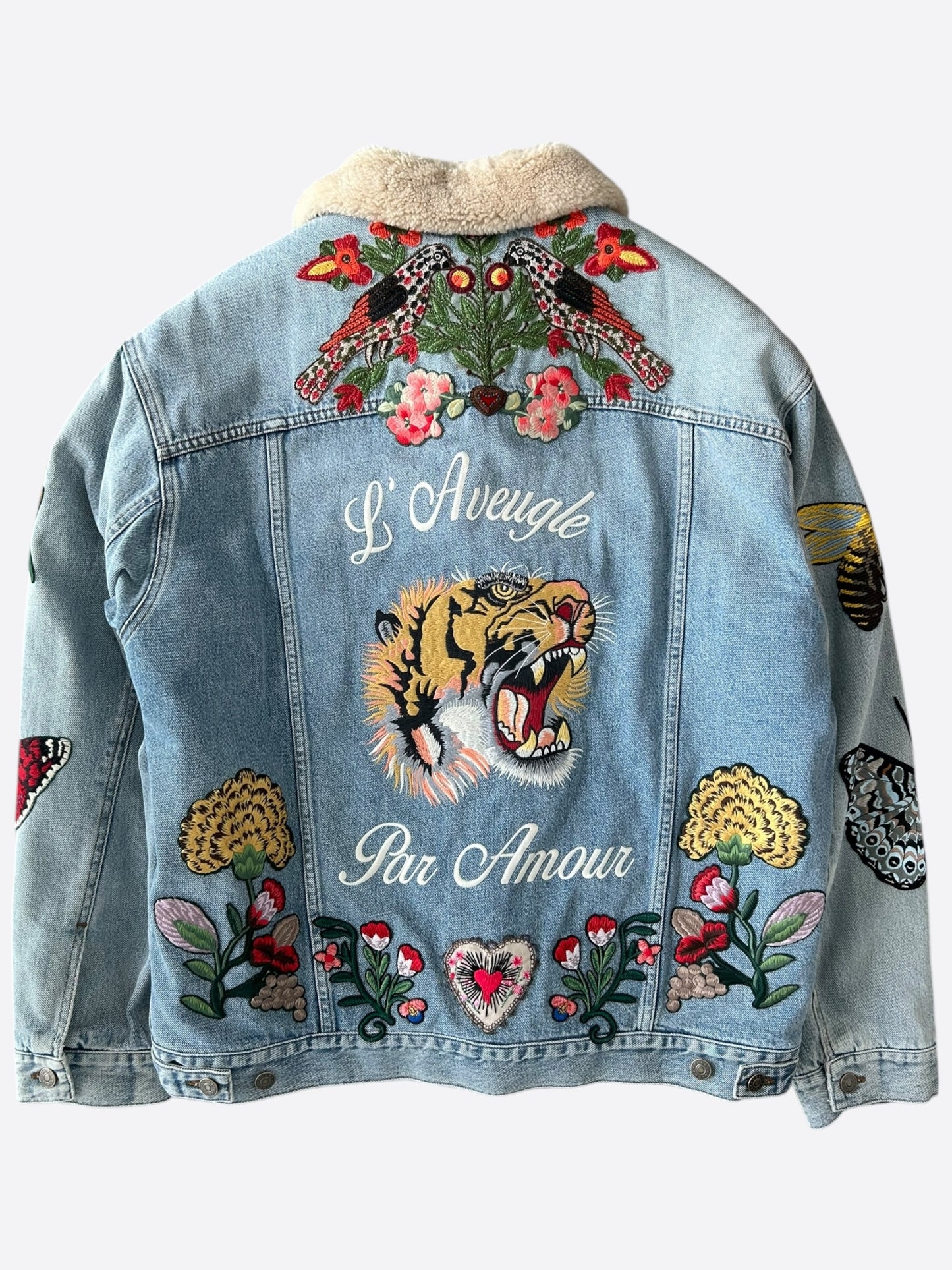 Gucci Blue Patches Embroidered Sherpa Denim Jacket