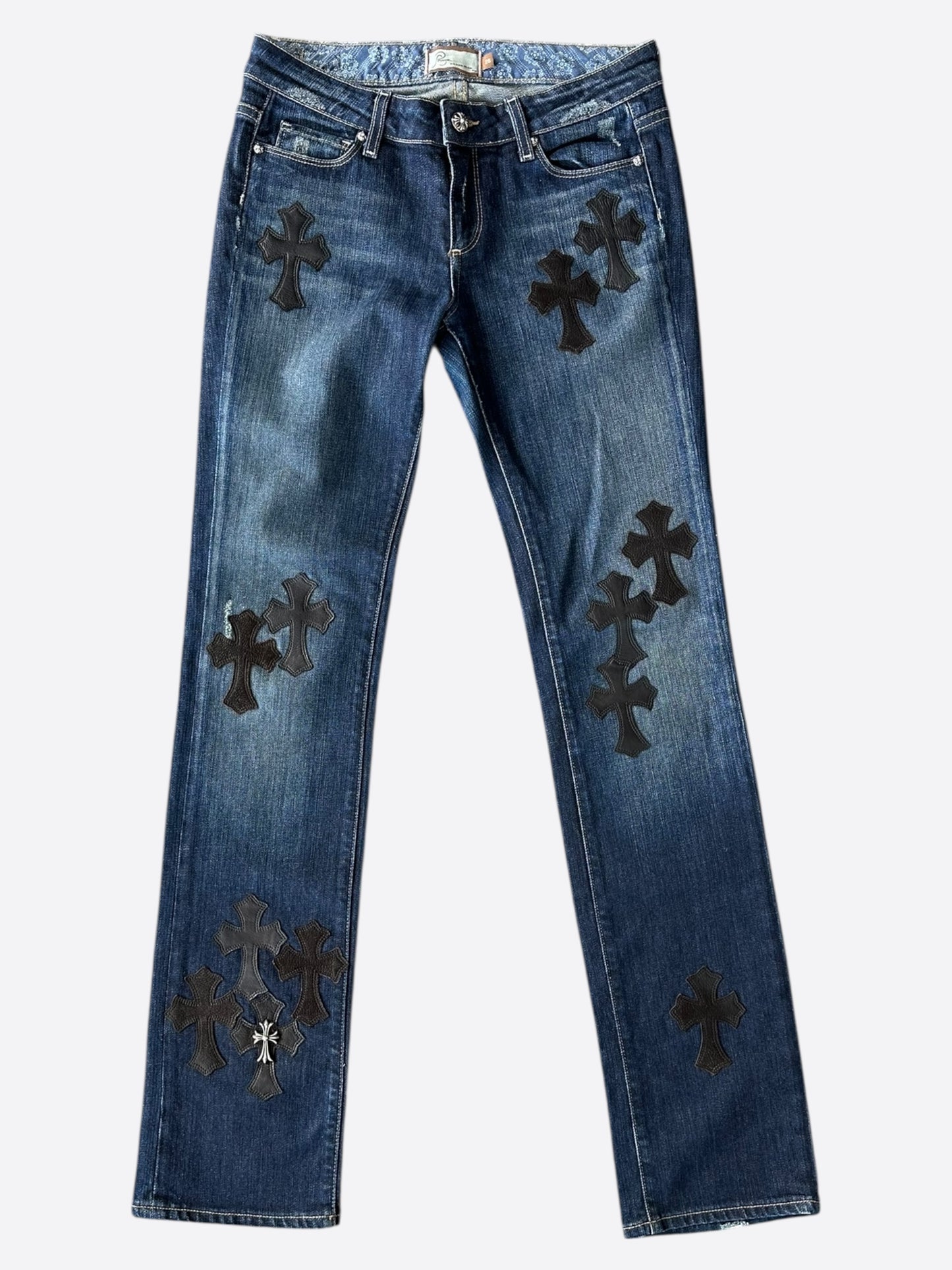 Chrome Hearts Blue & Black Cross Patch Jeans