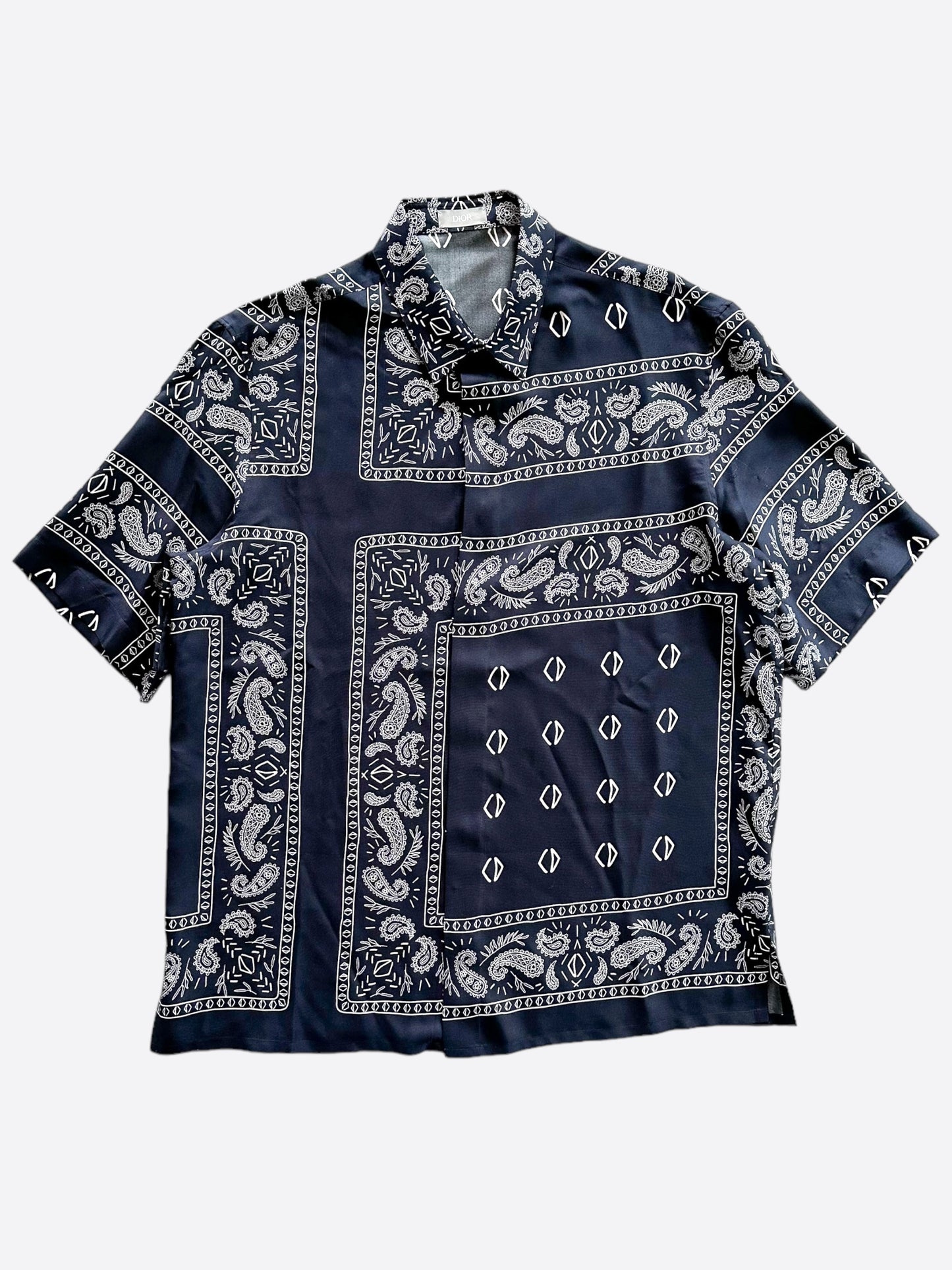 Dior Cactus Jack Navy & White Diamond Bandana Print Silk Button Up Shirt