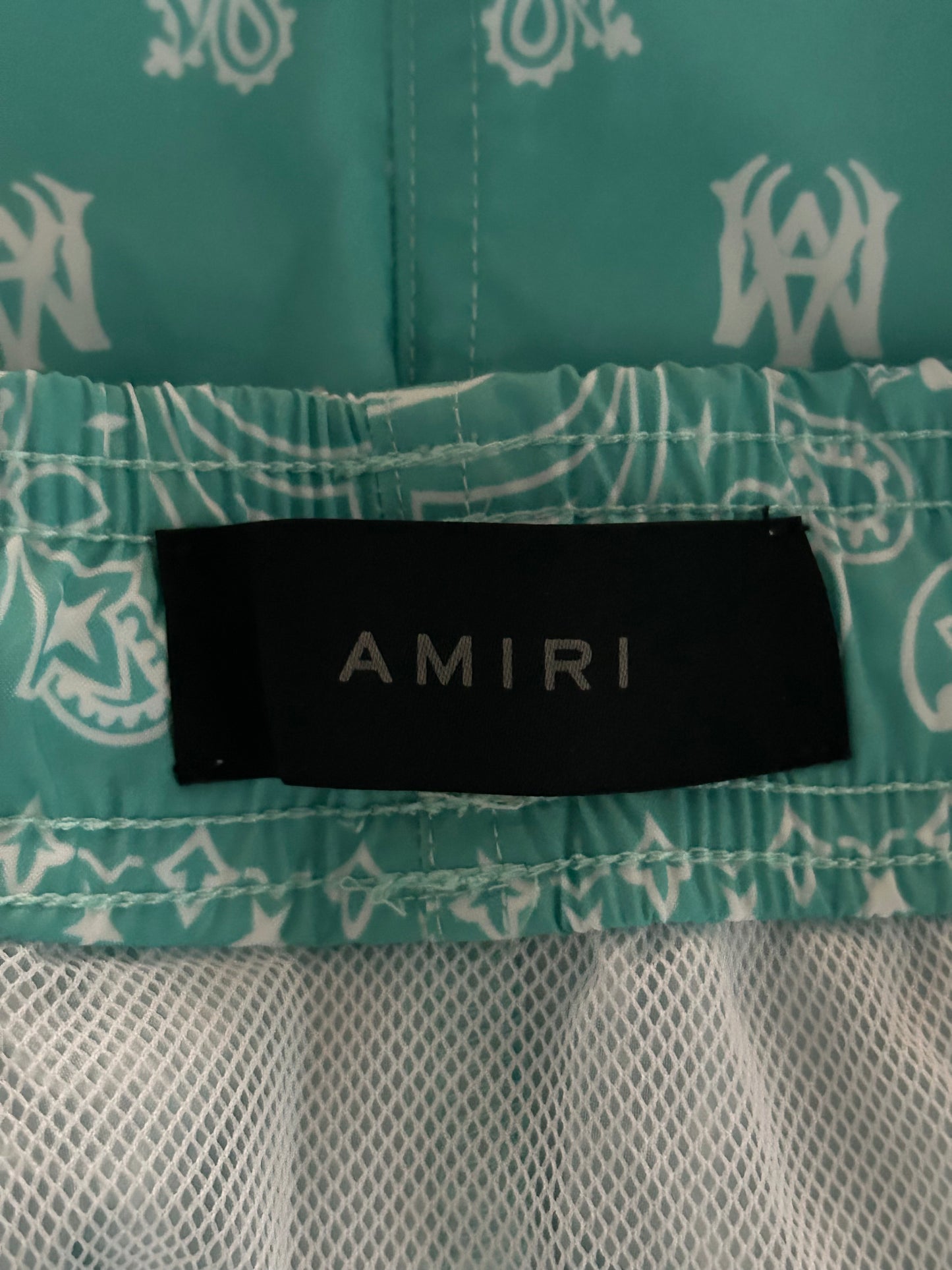 Amiri Blue & White MA Logo Paisley Swimshorts