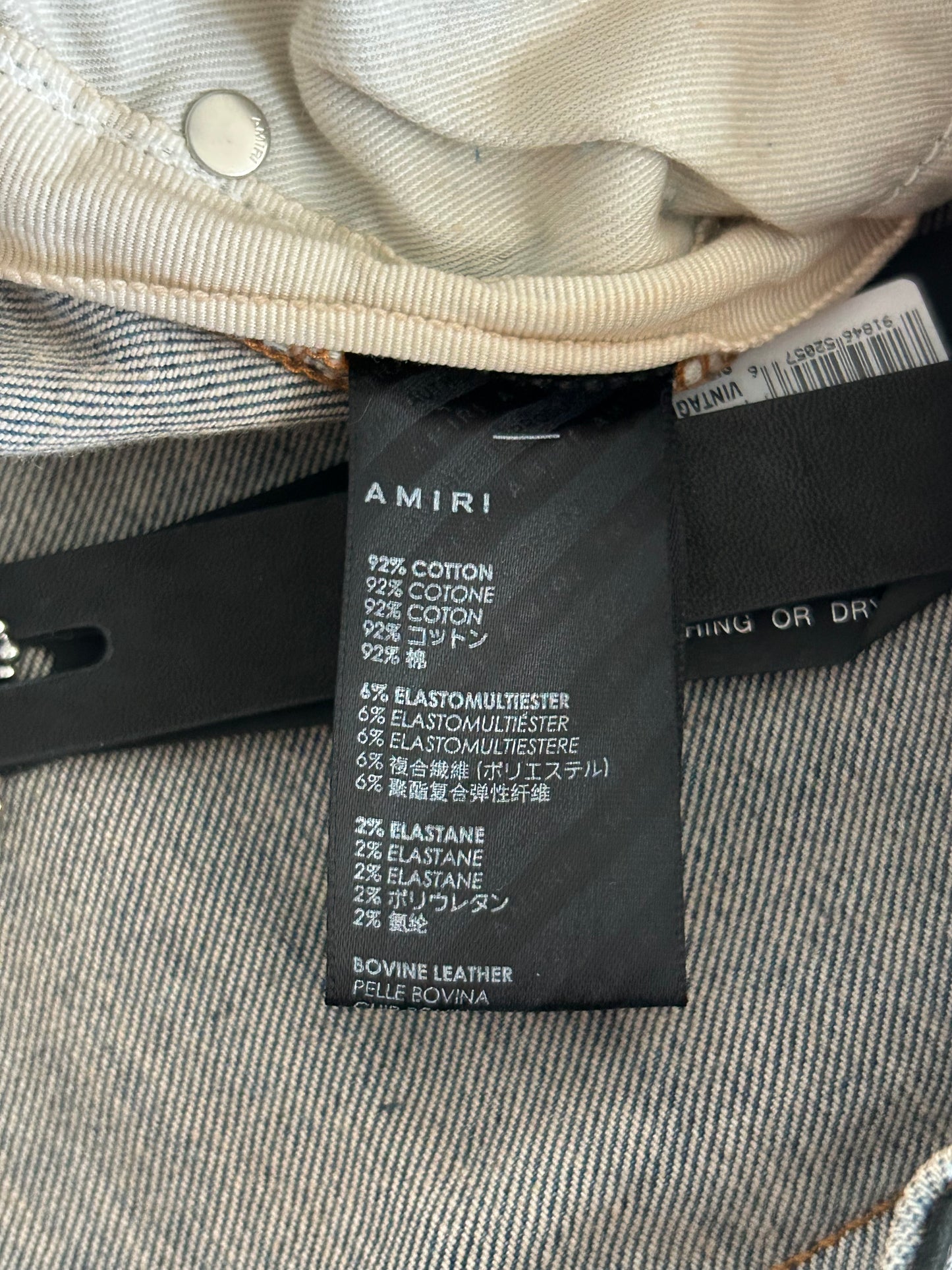 Amiri Vintage Indigo Leather Multicolor Staggered Logo Jeans