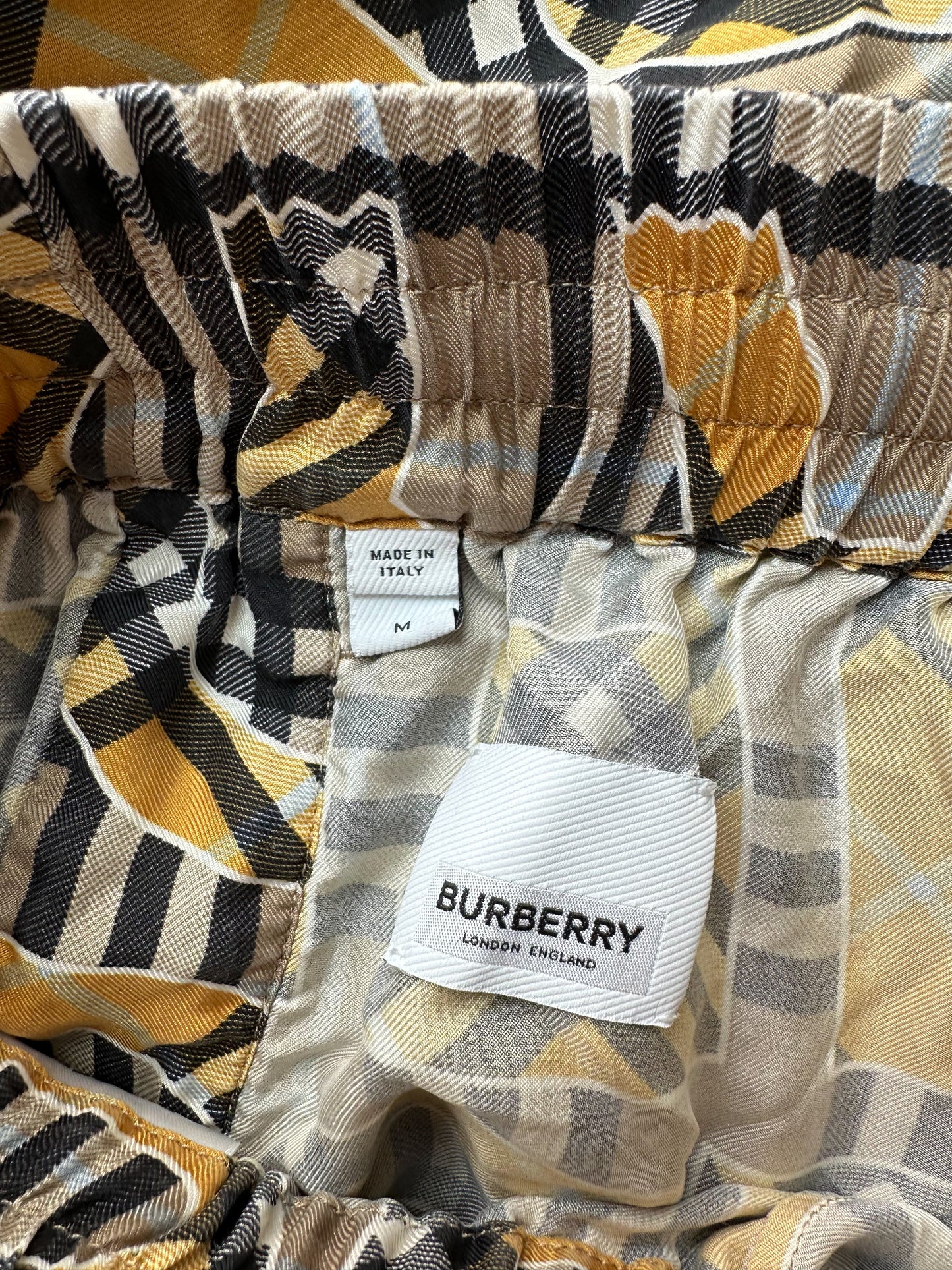 Burberry Beige & Yellow Repeat Logo Silk Shorts