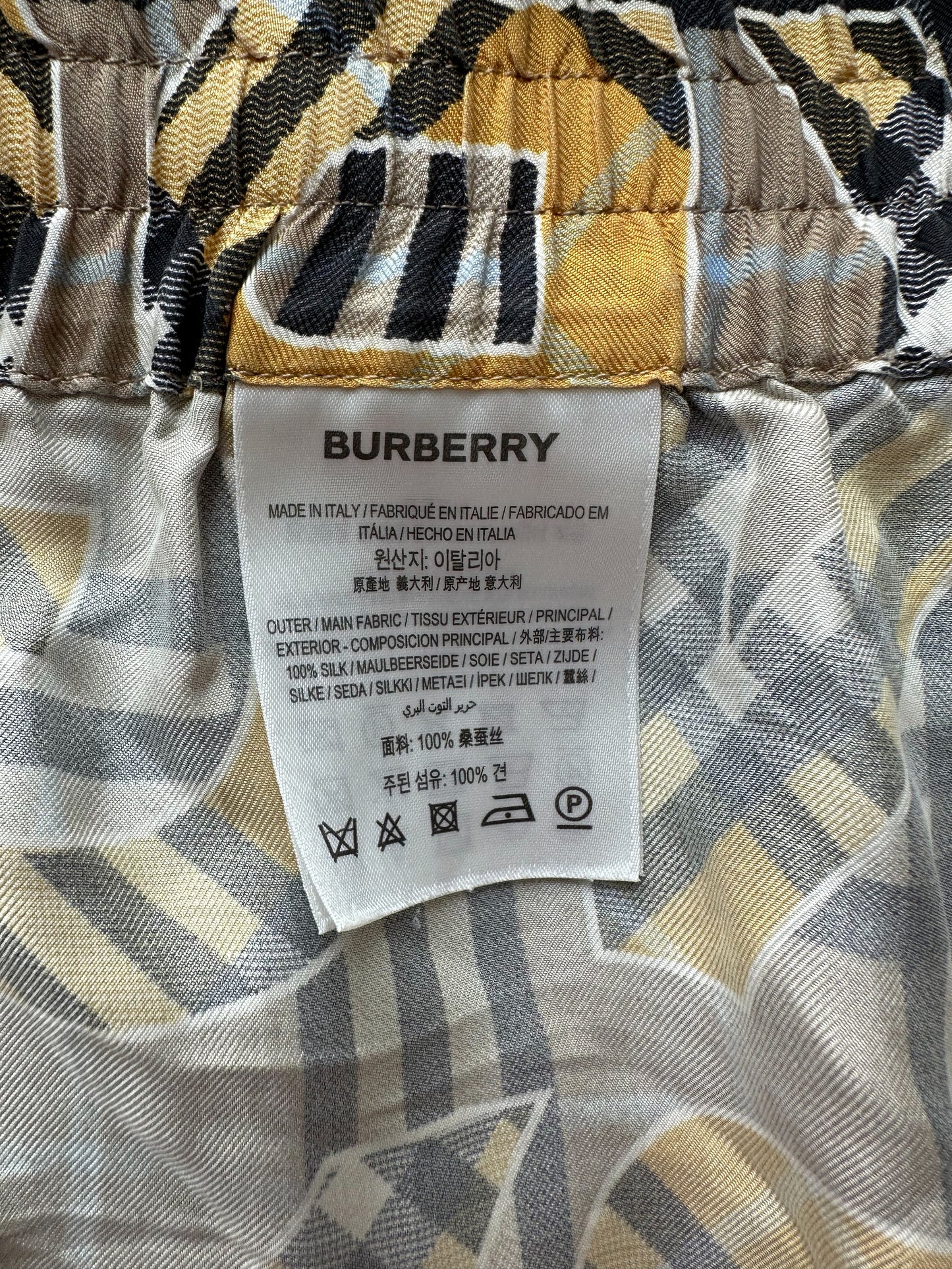 Burberry Beige & Yellow Repeat Logo Silk Shorts