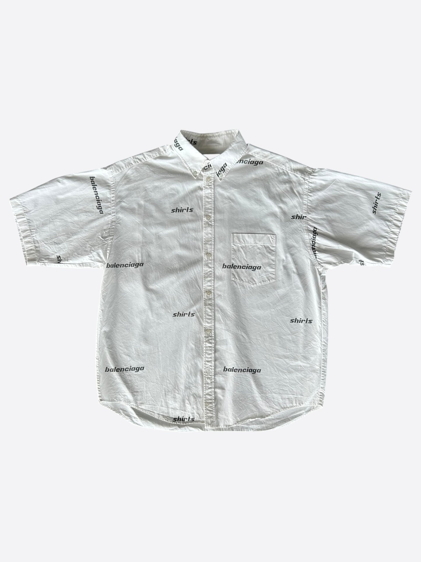 Balenciaga White & Black All Over Logo Button Up Shirt