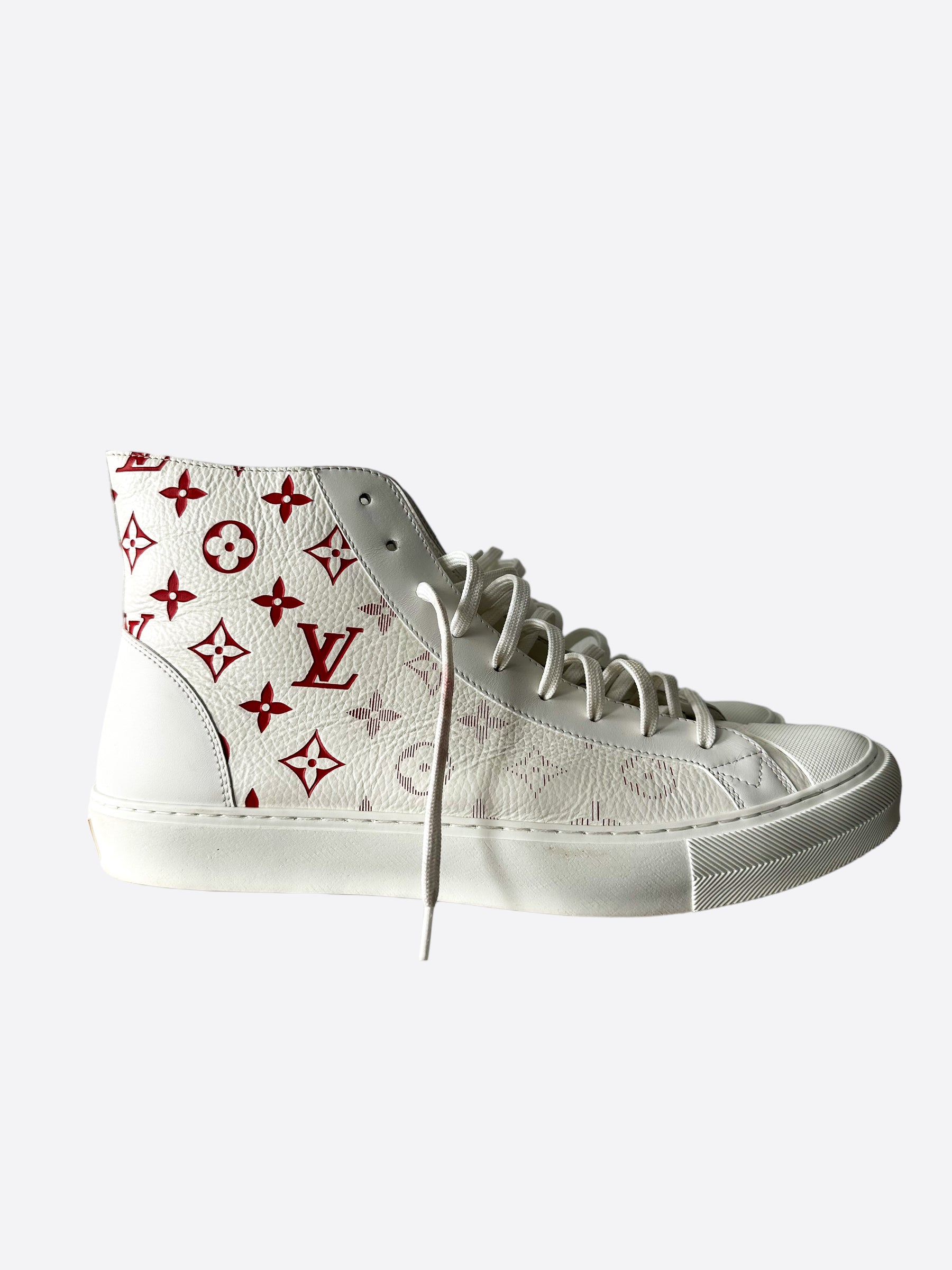 LOUIS VUITTON Monogram Mens Tattoo Sneaker Boots 8 White Red