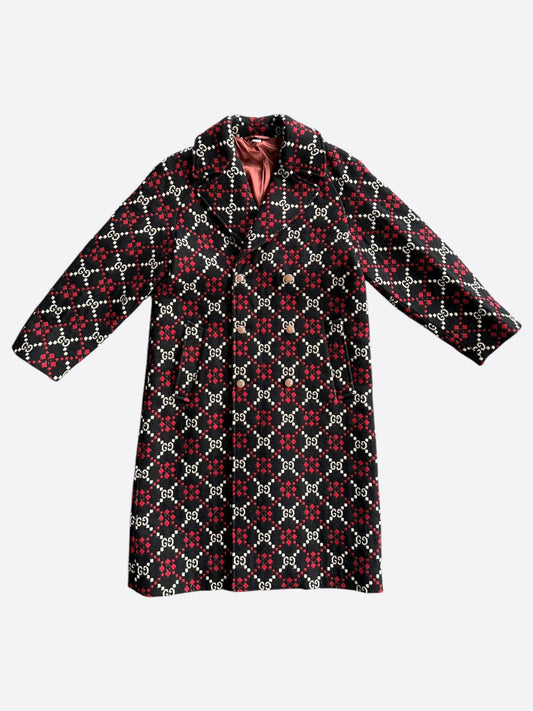 Gucci Black, White & Red GG Monogram Wool Coat