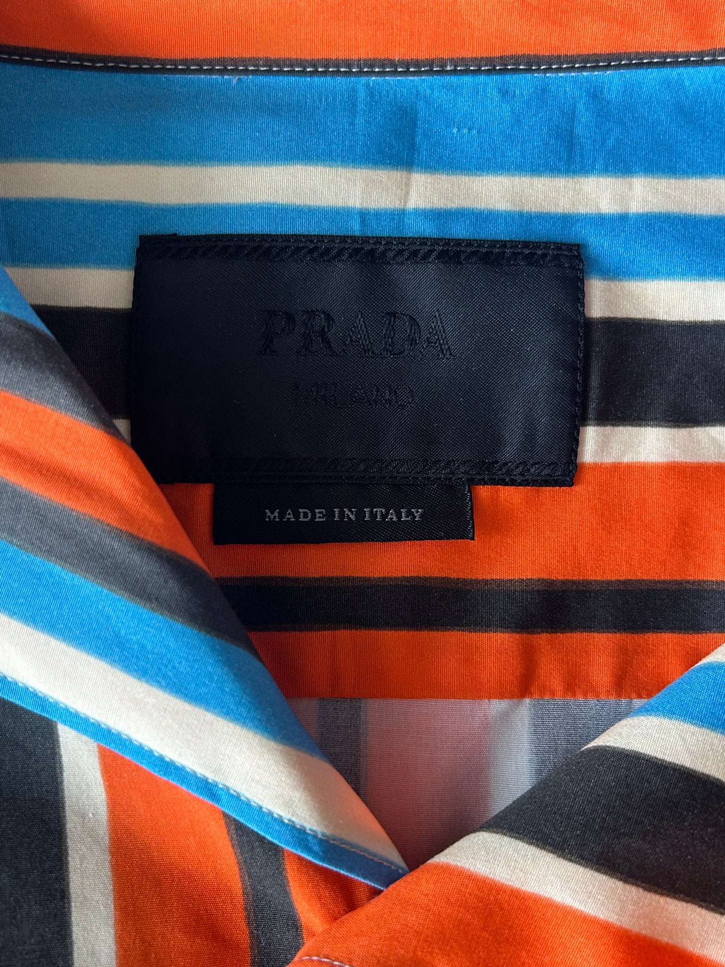 Prada Orange & Blue Striped Logo Button Up Shirt