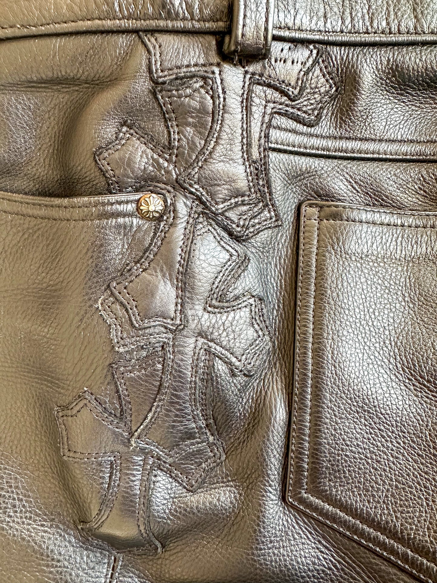 Chrome Hearts Black Leather Cross Patch Fleur Pants