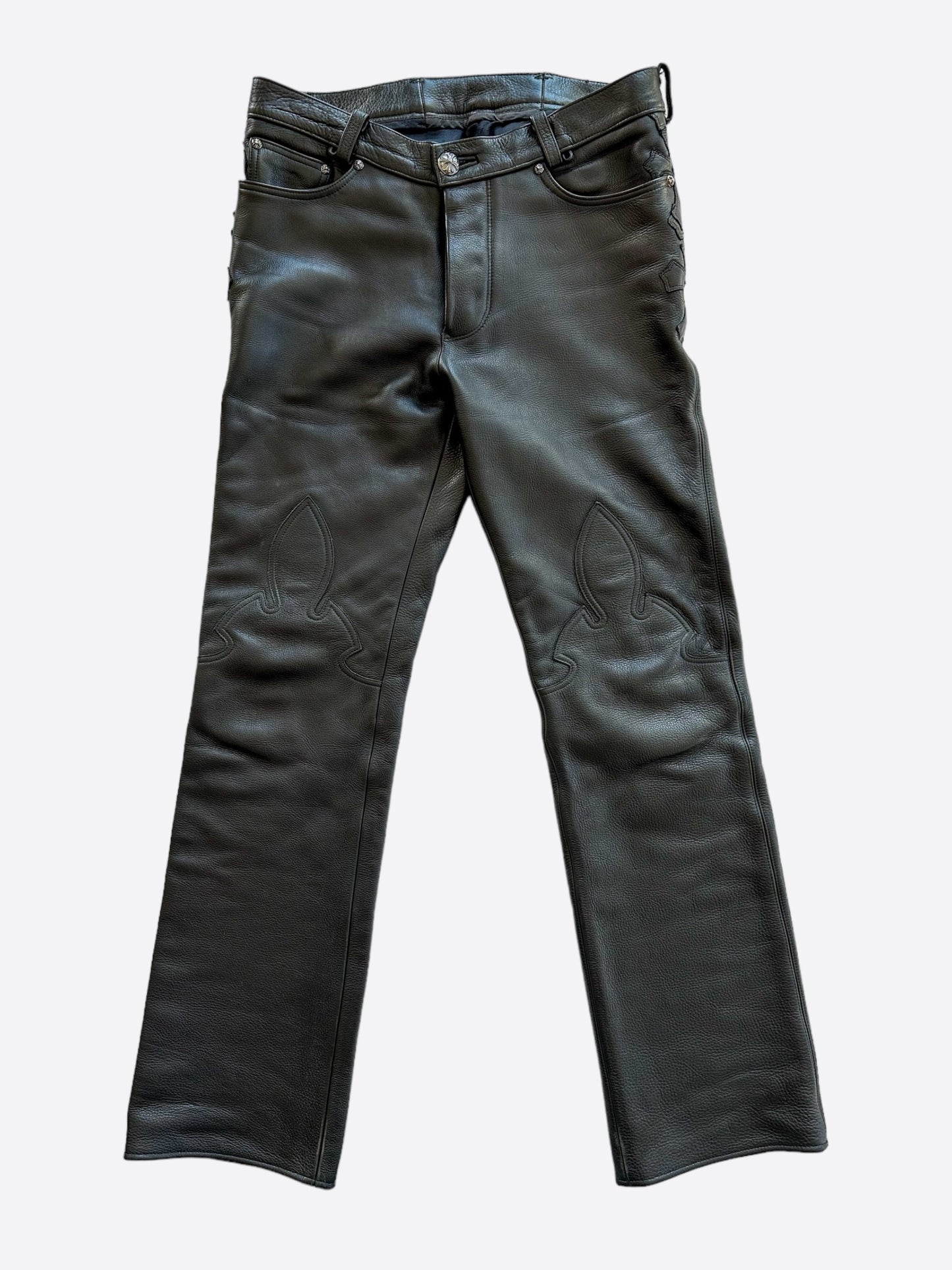 Chrome Hearts Black Leather Cross Patch Fleur Pants