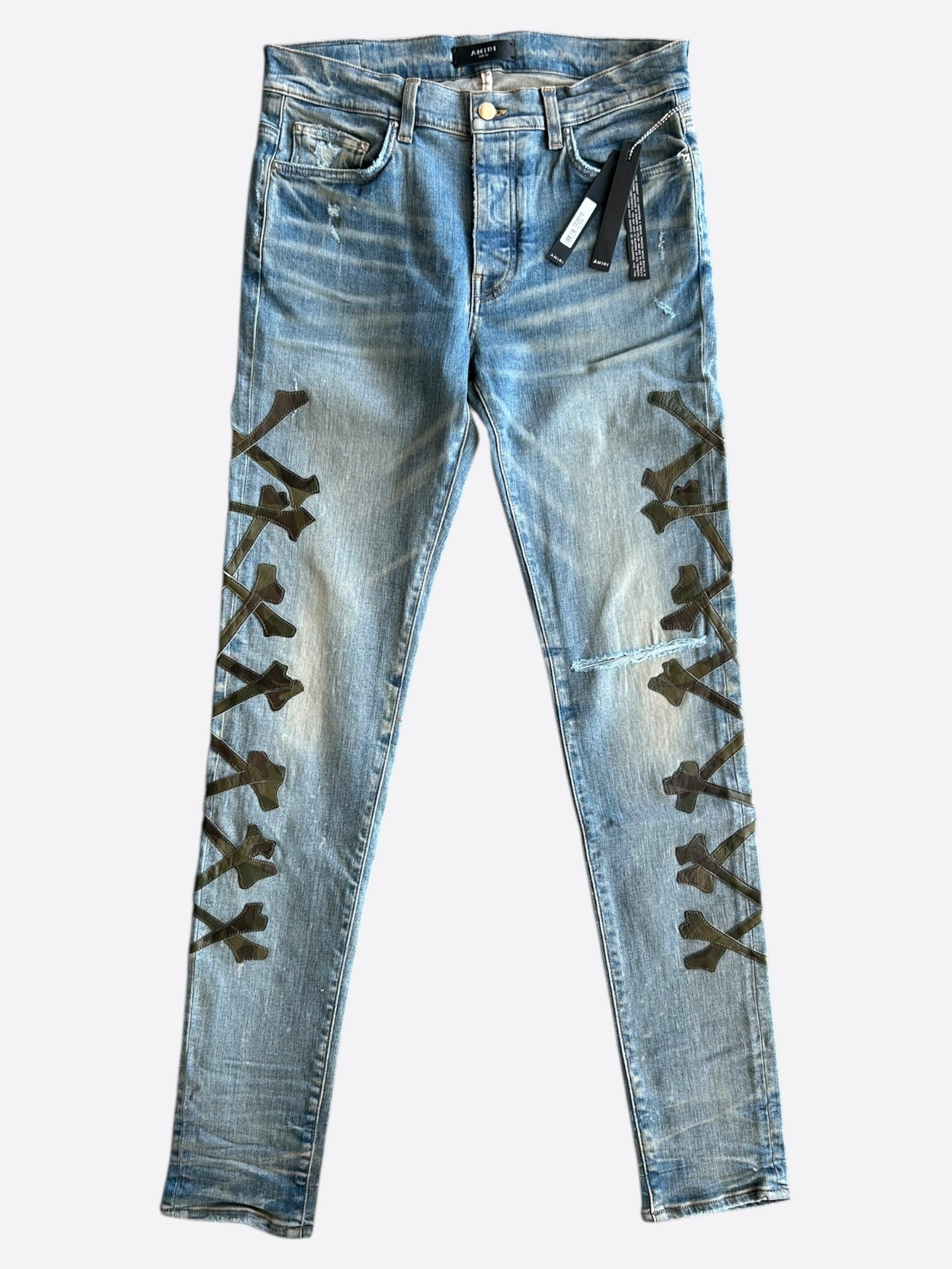 Amiri Blue Camouflage Bones Applique Distressed Jeans – Savonches