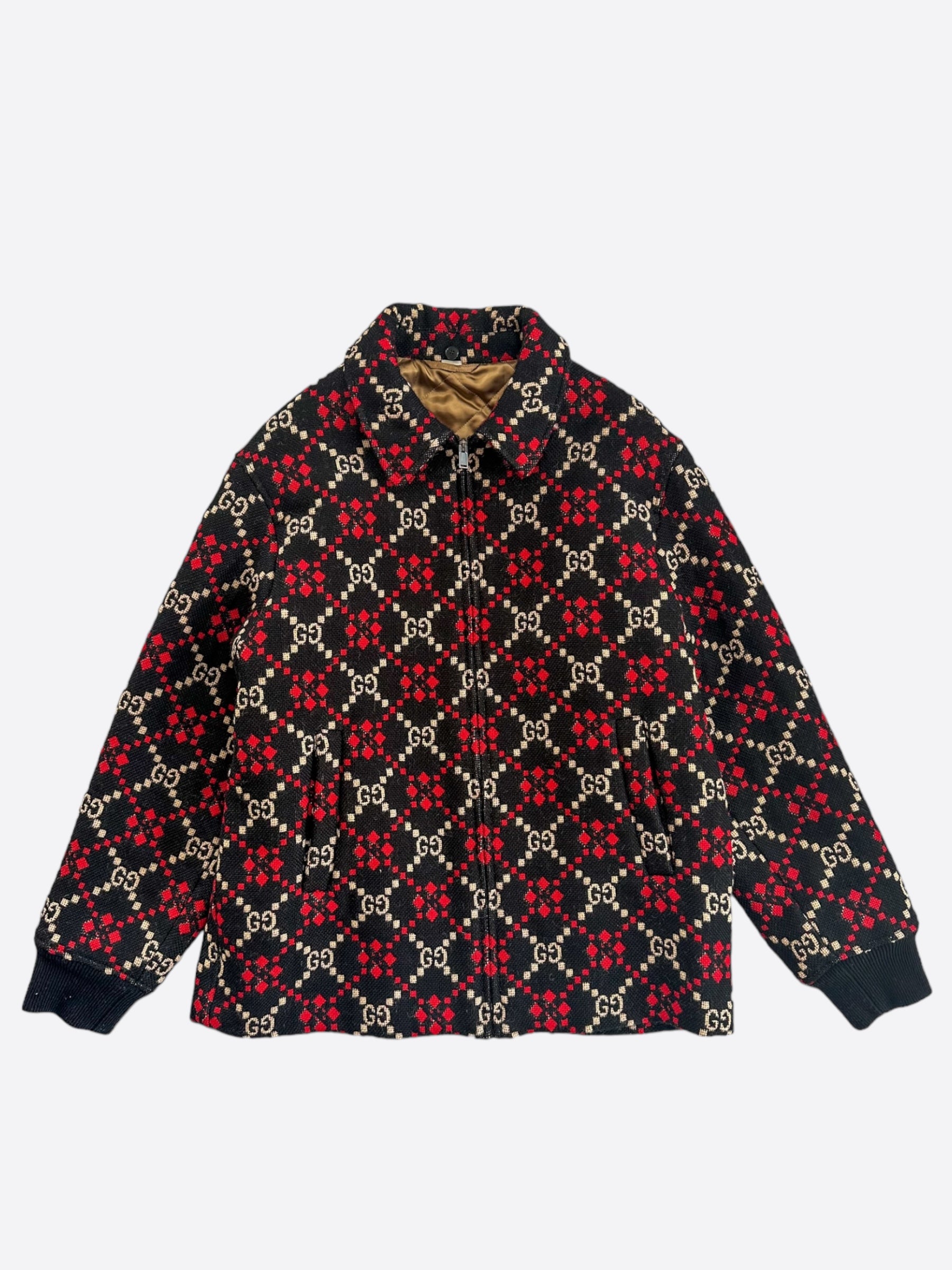 Gucci Black Red GG Monogram Marco Wool Jacket Savonches