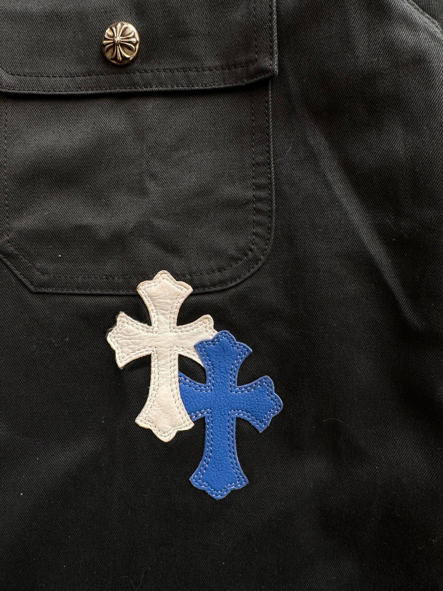 Chrome Hearts Black White & Blue Cross Patch Work Dog Jacket